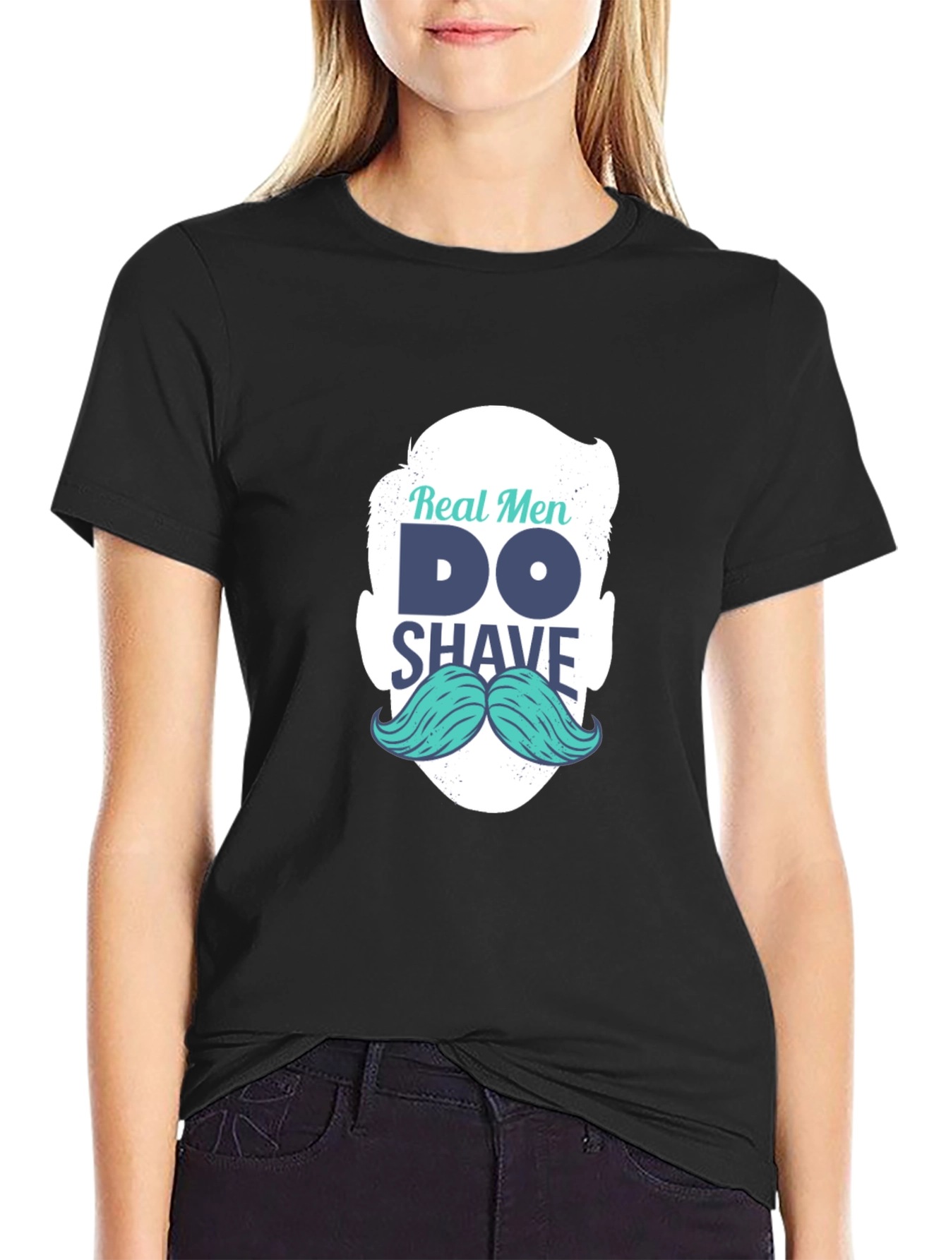 Black Real Men Shave T-Shirt: Cool Mustache Graphic Tee view 2
