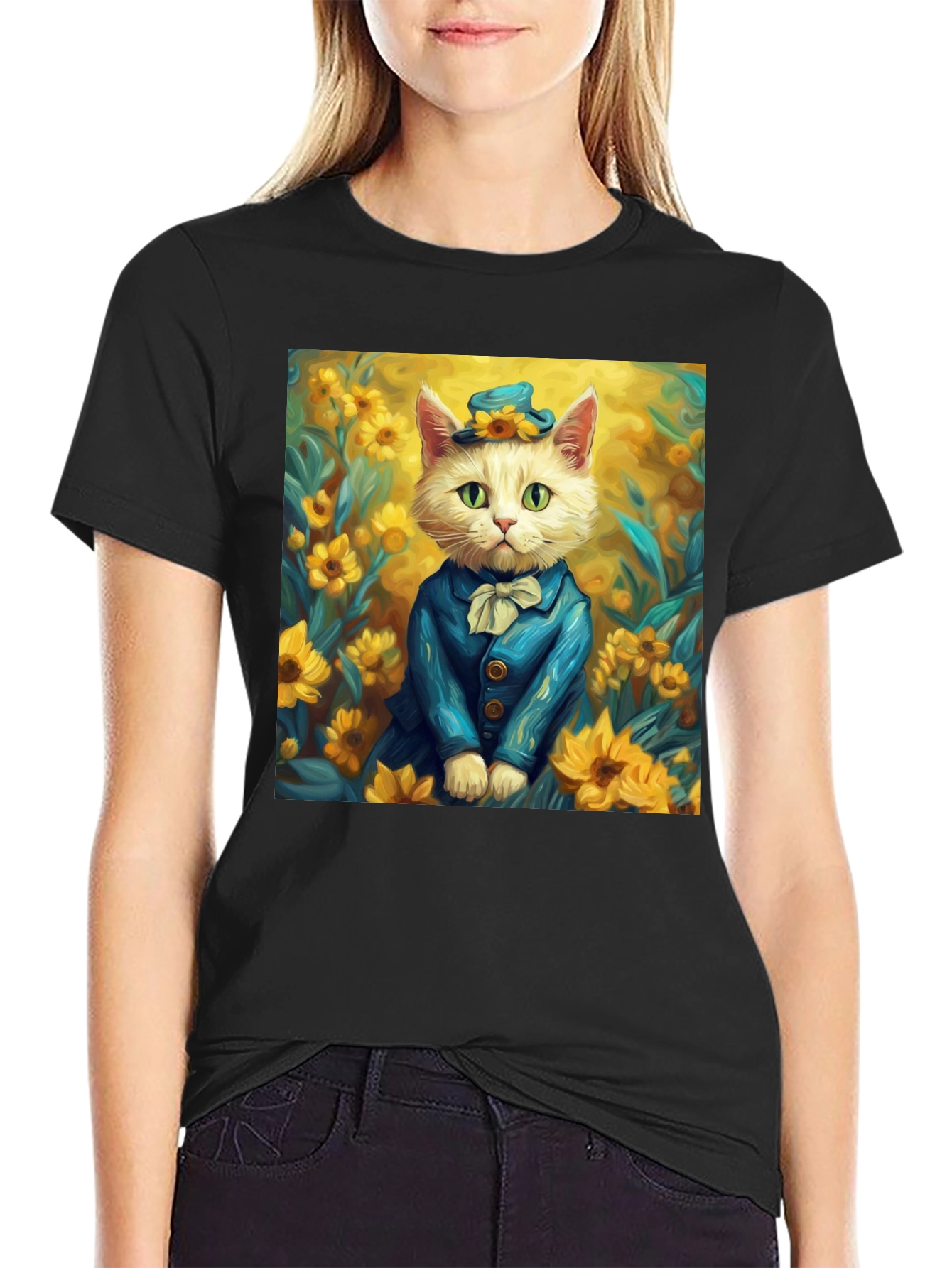 Black Cat in Sunflowers T-Shirt - Stylish Graphic Tee view 2