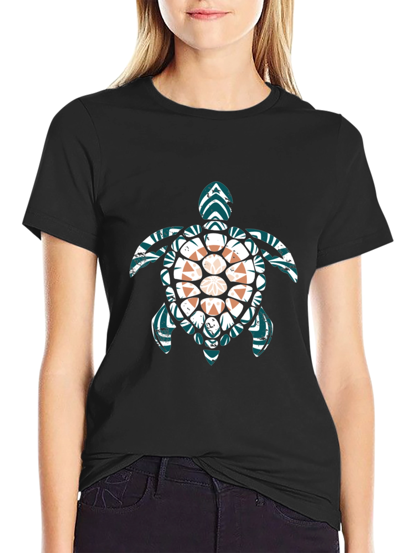 Black Turtle Graphic Tee - Black Cotton Blend Casual T-Shirt view 2