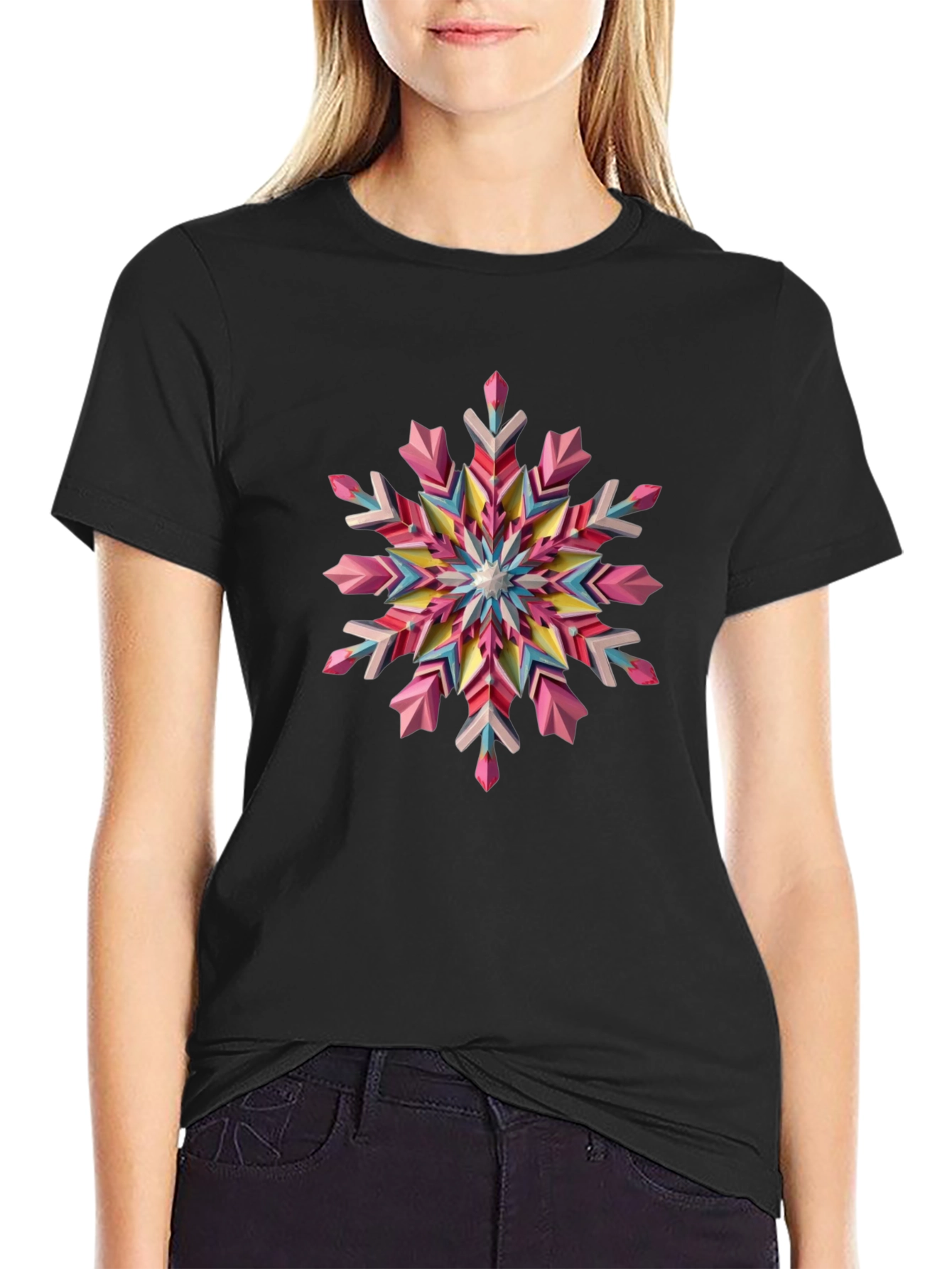 Black Geometric Snowflake Graphic Tee - Black view 2