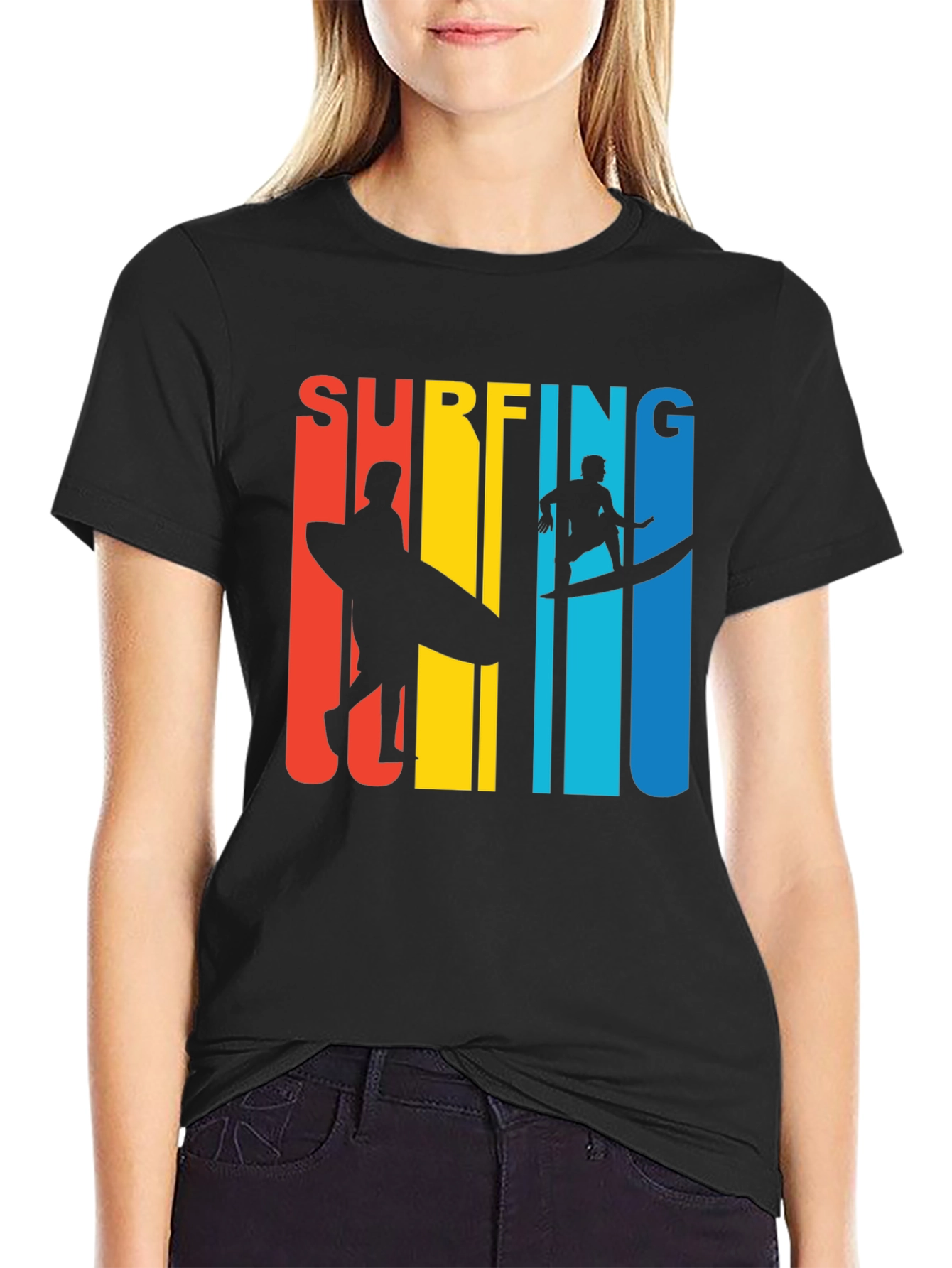 Black Surfing Graphic Tee | Retro Surfer Design view 2