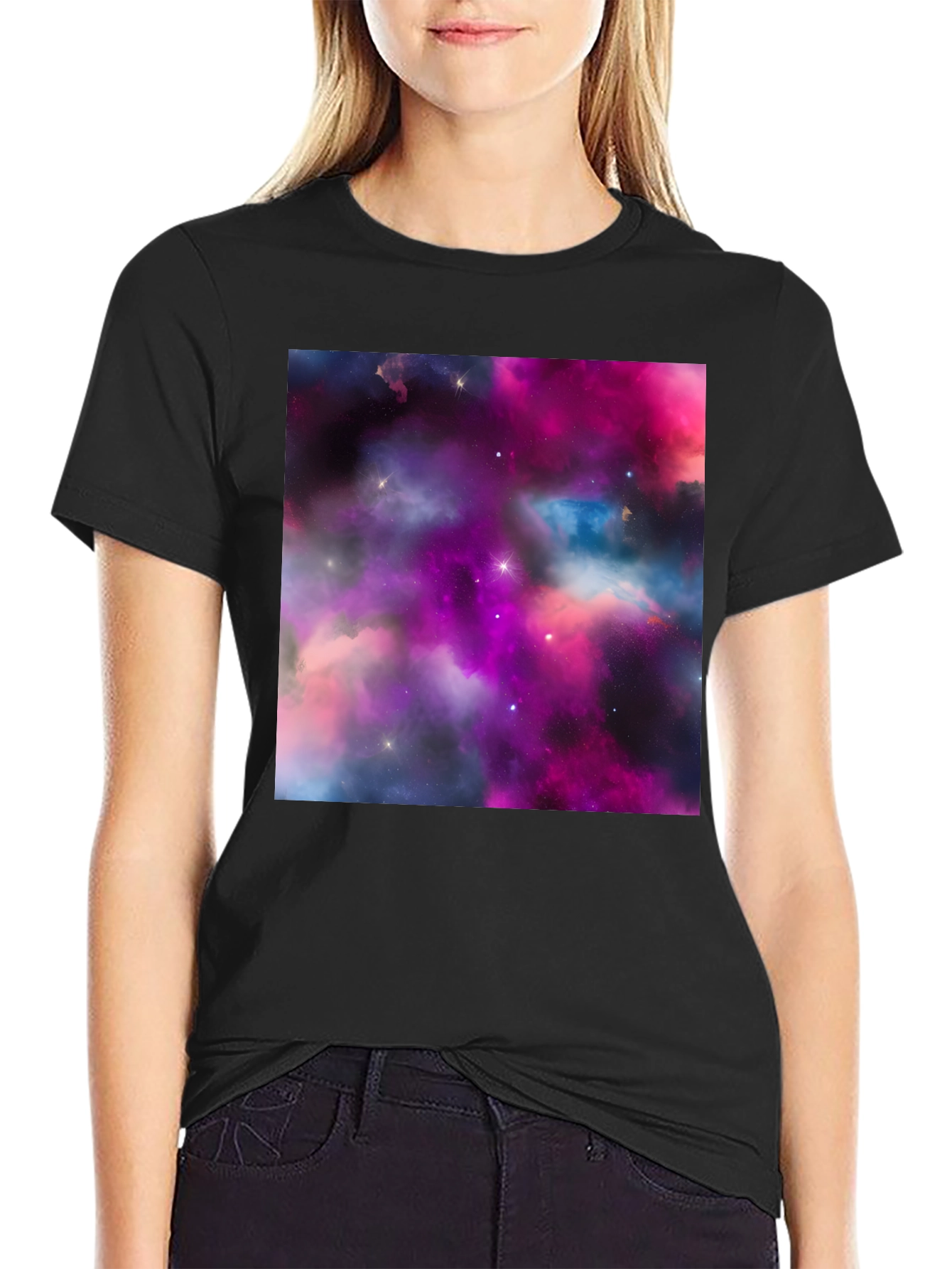 Black Galaxy Print Black T-Shirt - Stylish Outer Space Design view 2