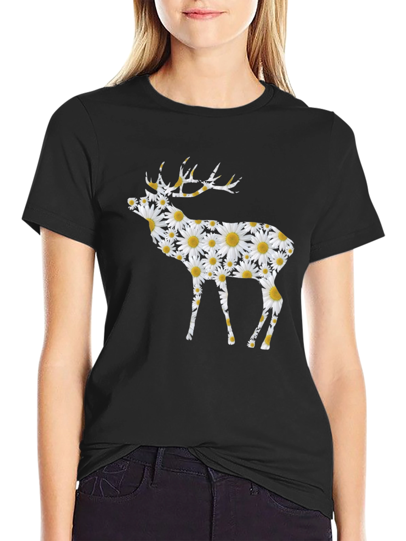 Black Floral Deer Print Black T-Shirt view 2