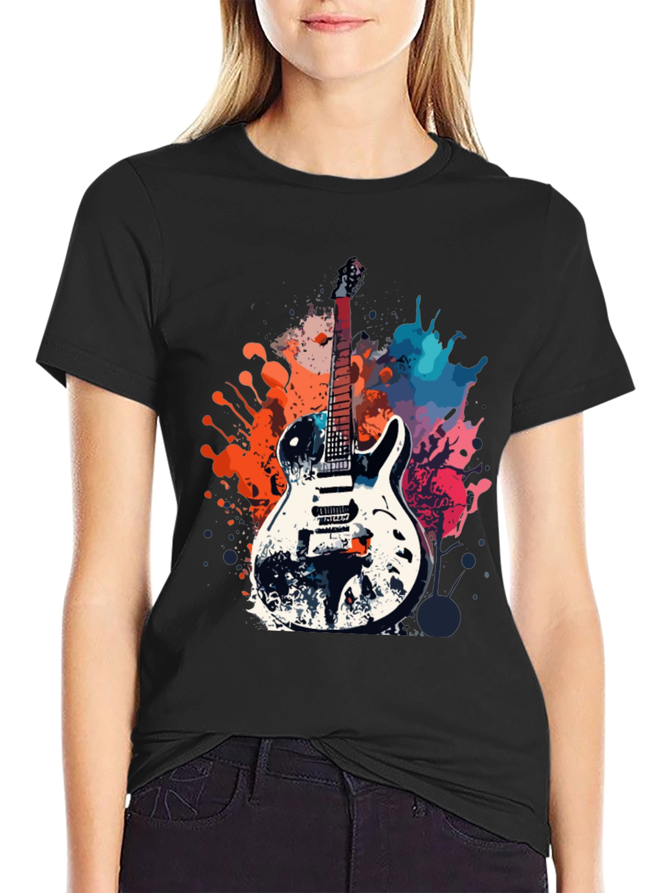 Black Guitar Splash Graphic T-Shirt - Rock Style Tee view 2