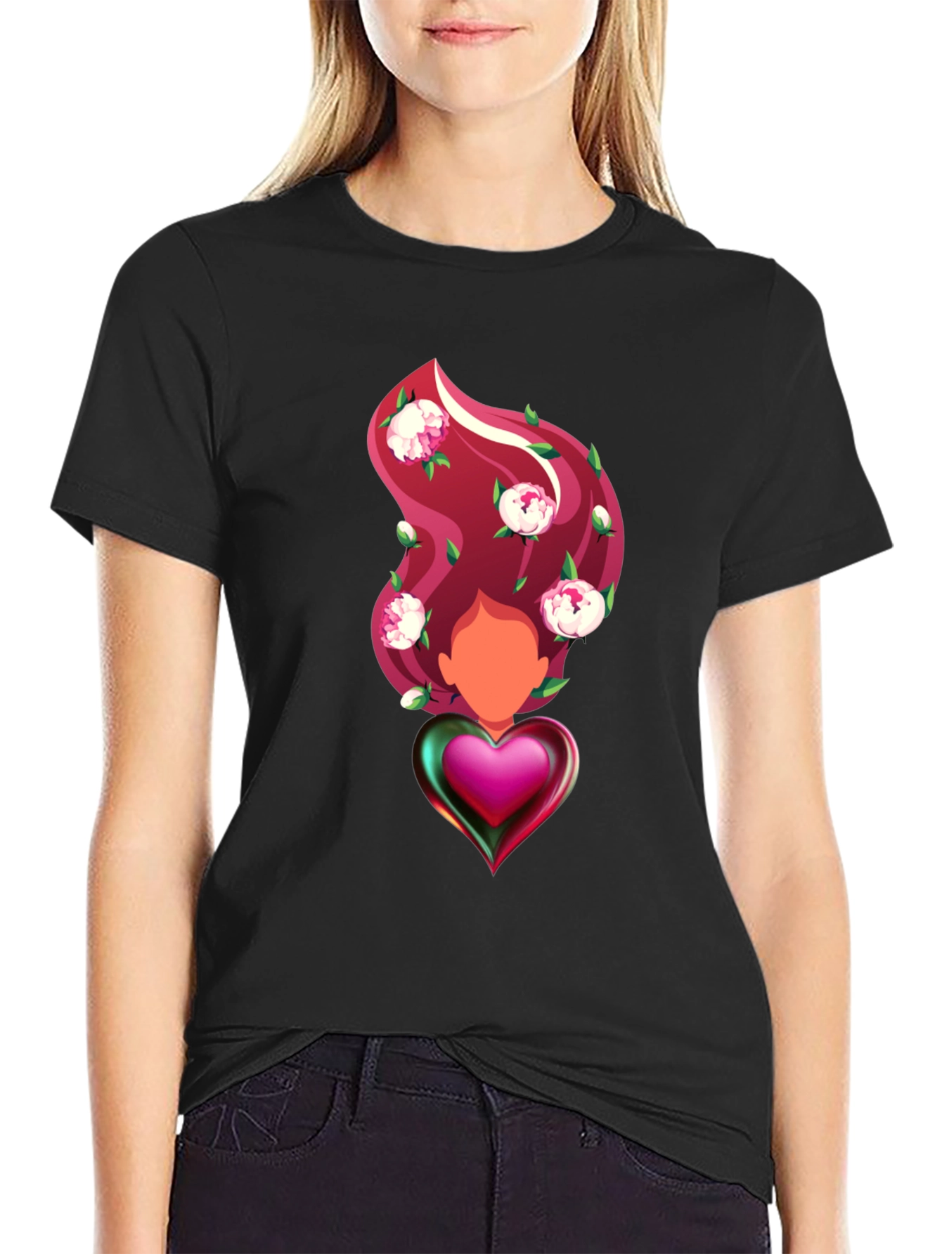 Black Heart & Floral T-Shirt - Artistic Graphic Tee view 2