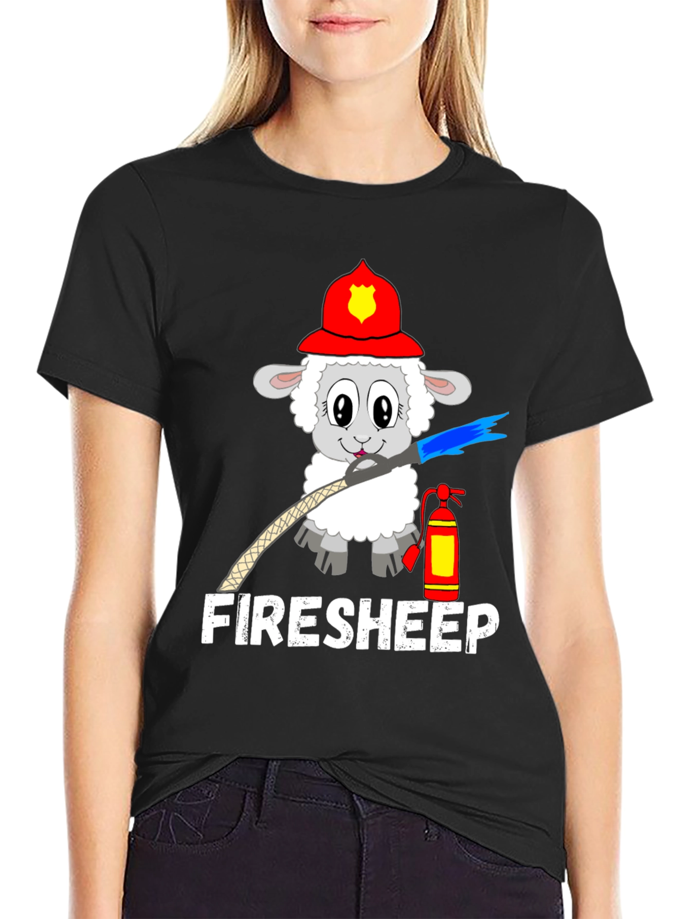 Black Funny Fire Sheep Graphic T-Shirt view 2