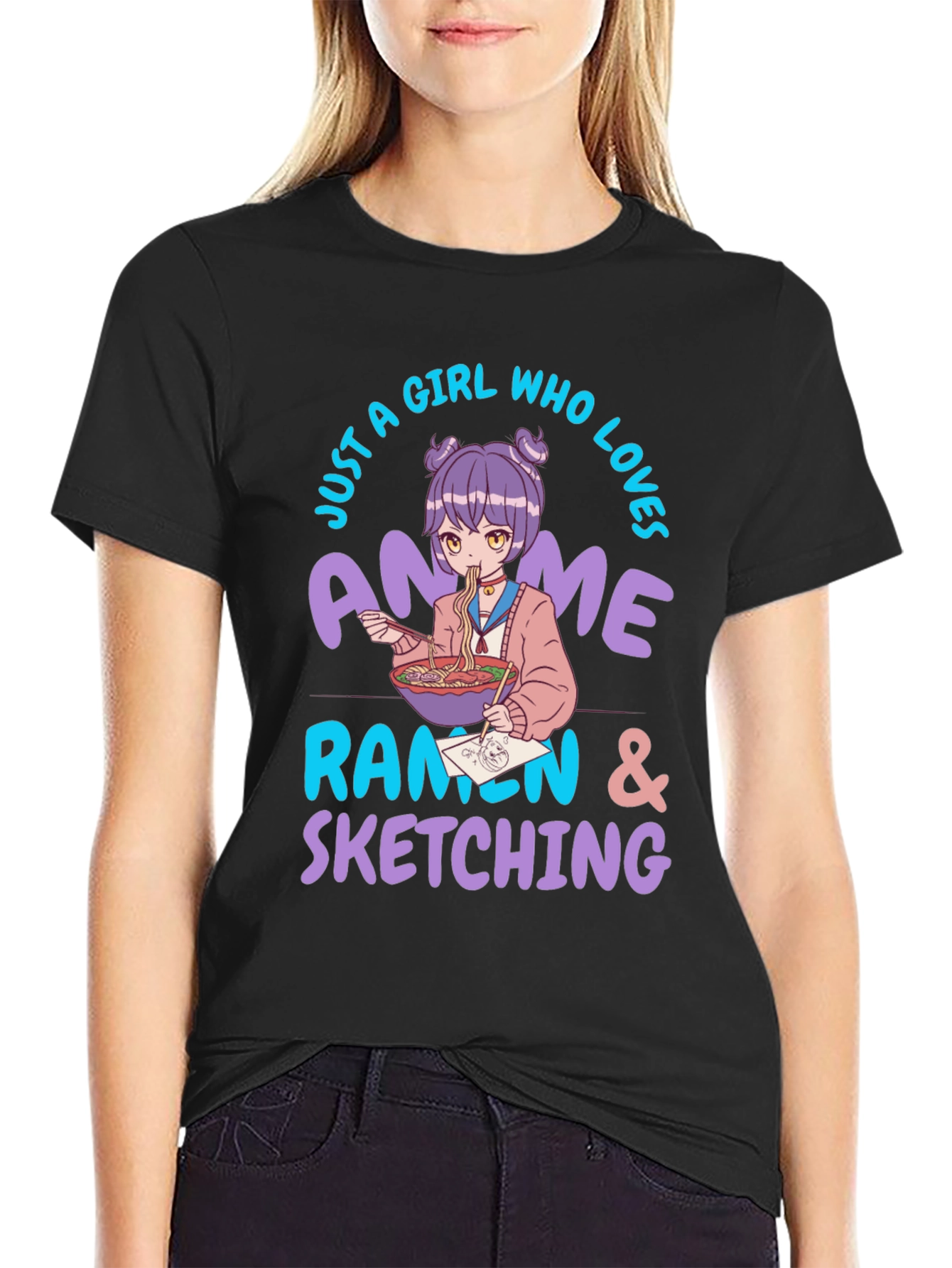 Black Anime Ramen Sketching Graphic T-Shirt view 2