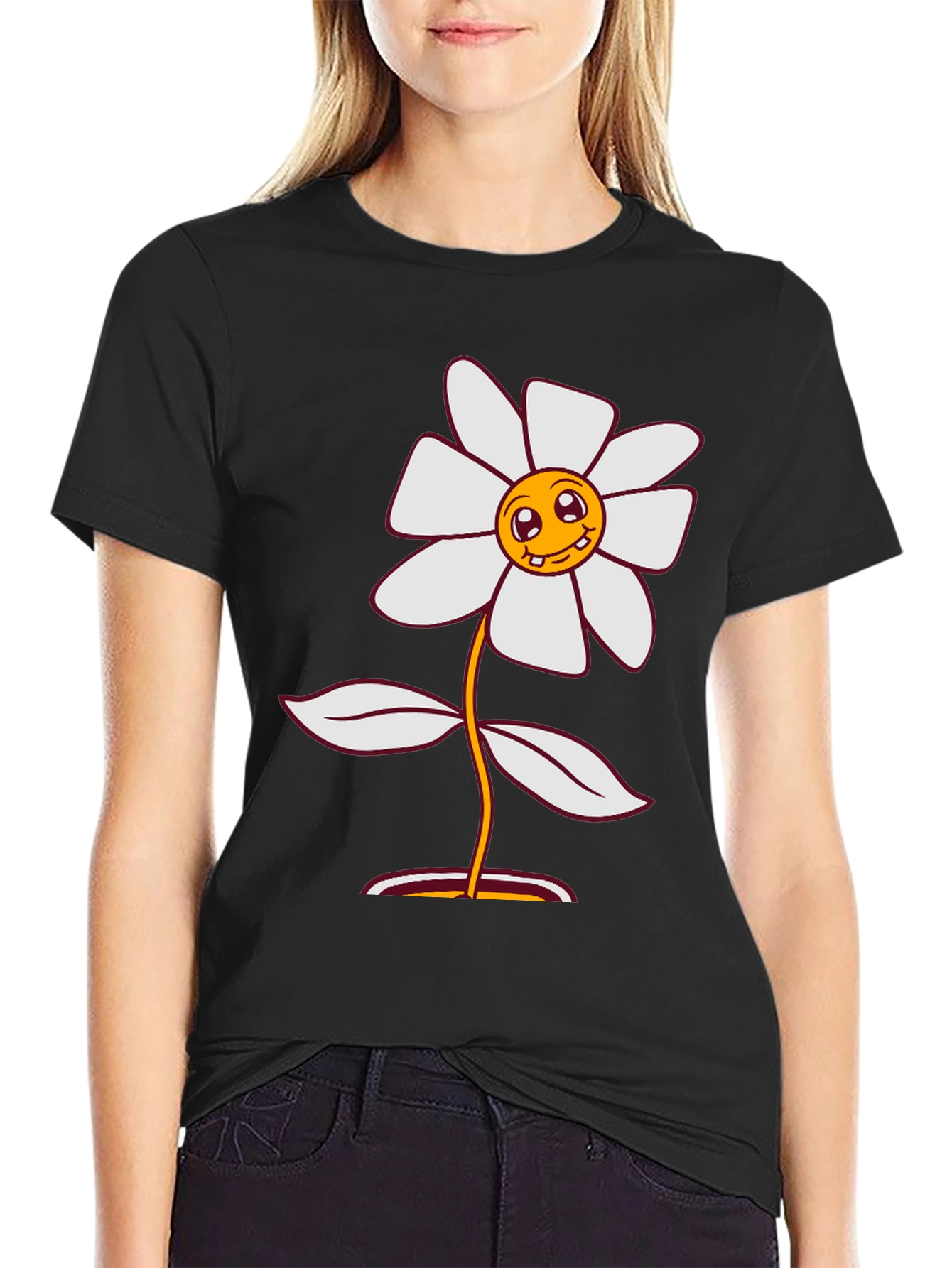 Black Smiley Flower Graphic Tee - Black Cotton Blend view 2