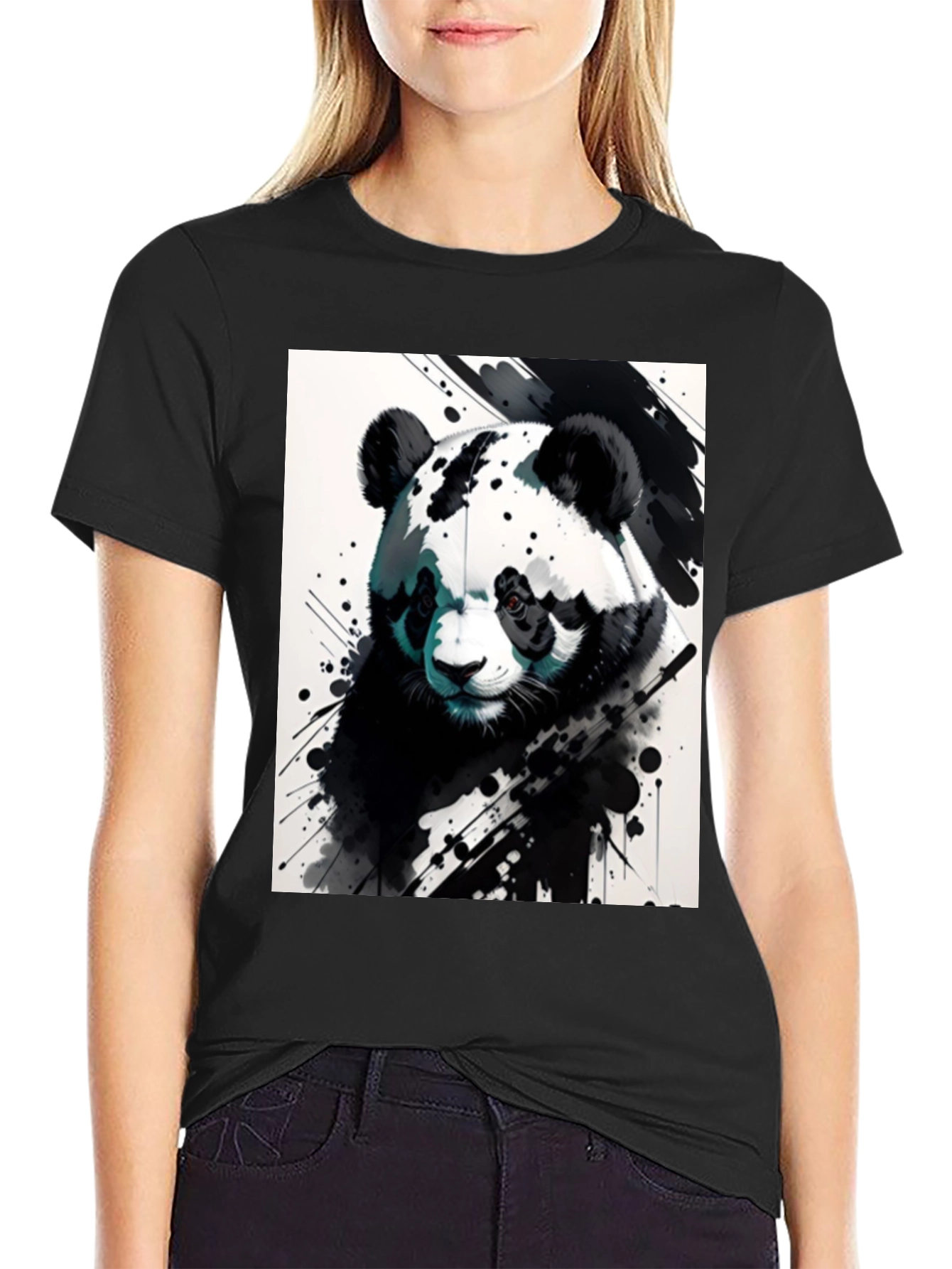 Black Panda Splash Art Black T-Shirt view 2