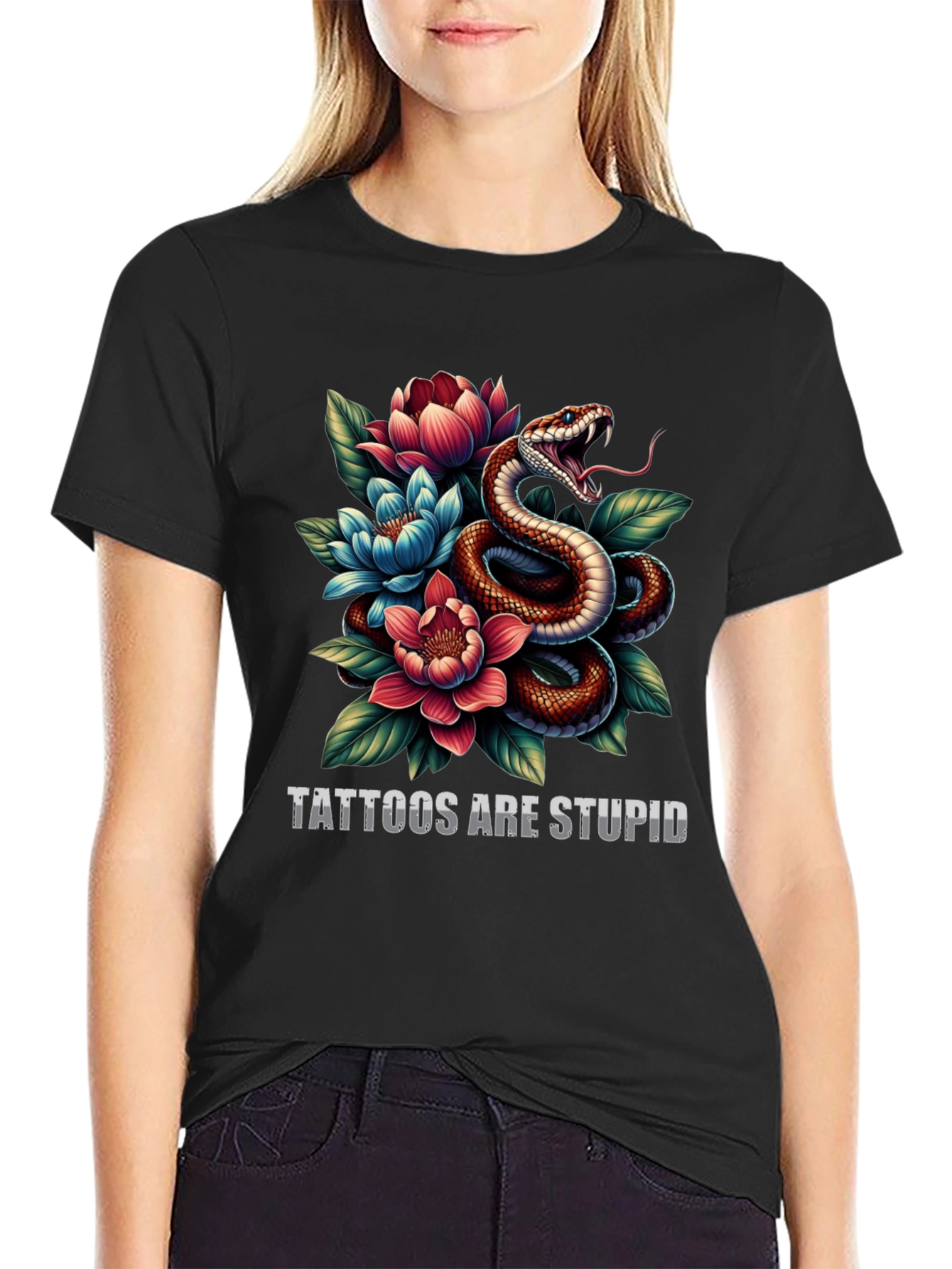 Black Snake & Floral Graphic Tee - Tattoos are Stupid view 2