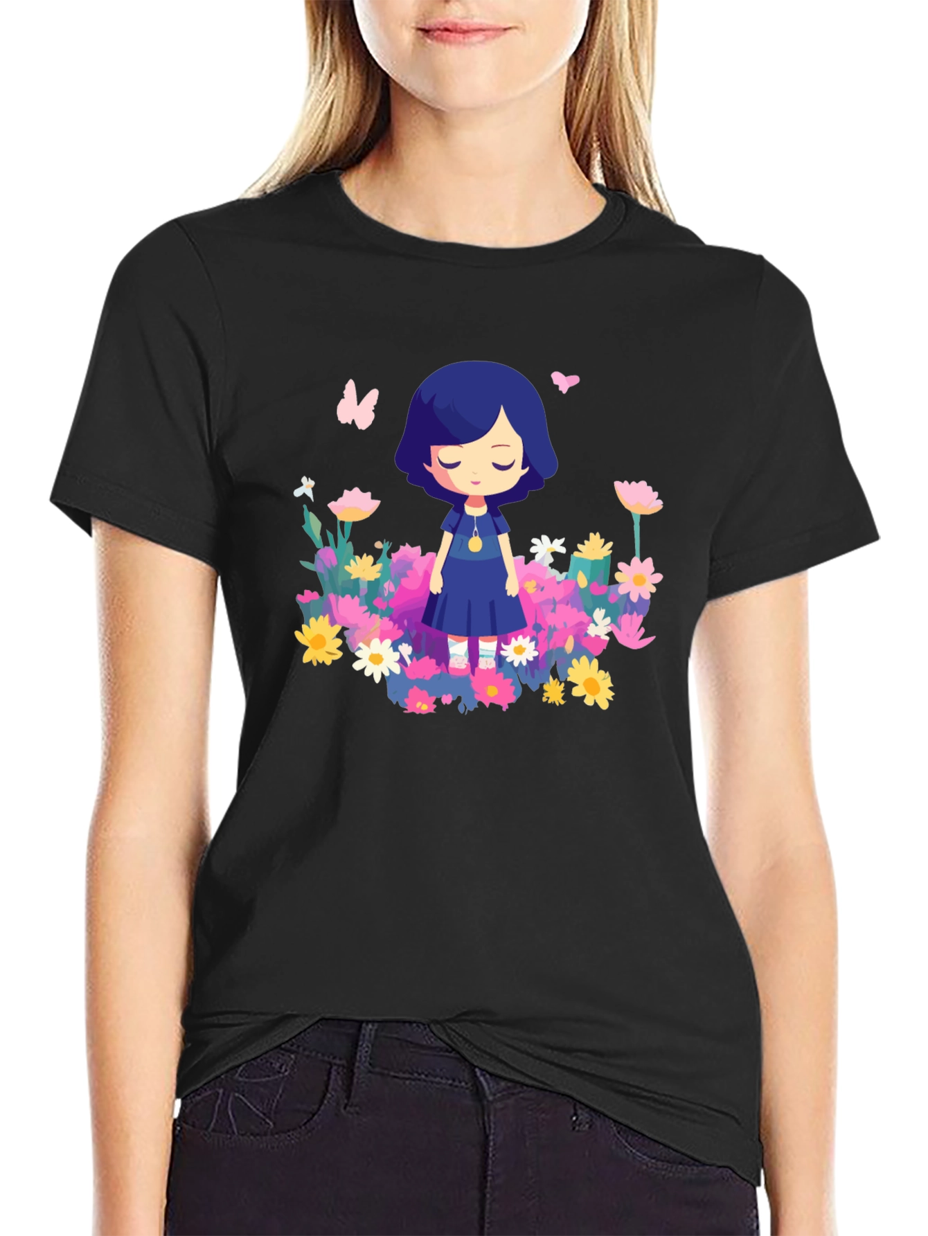 Black Floral Cartoon Graphic Black T-Shirt view 2