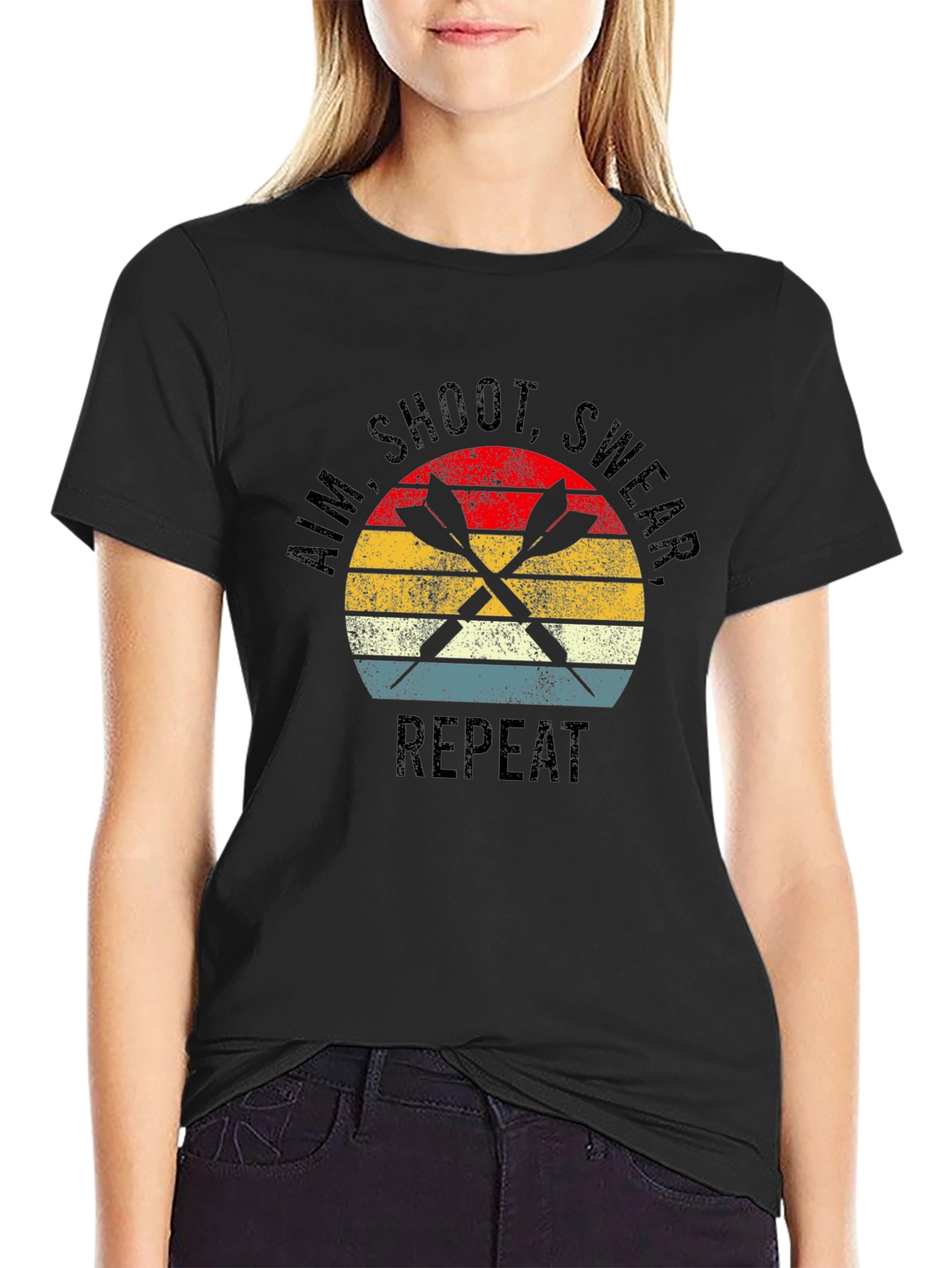 Black Aim Shoot Swear Repeat Darts Graphic T-Shirt view 2
