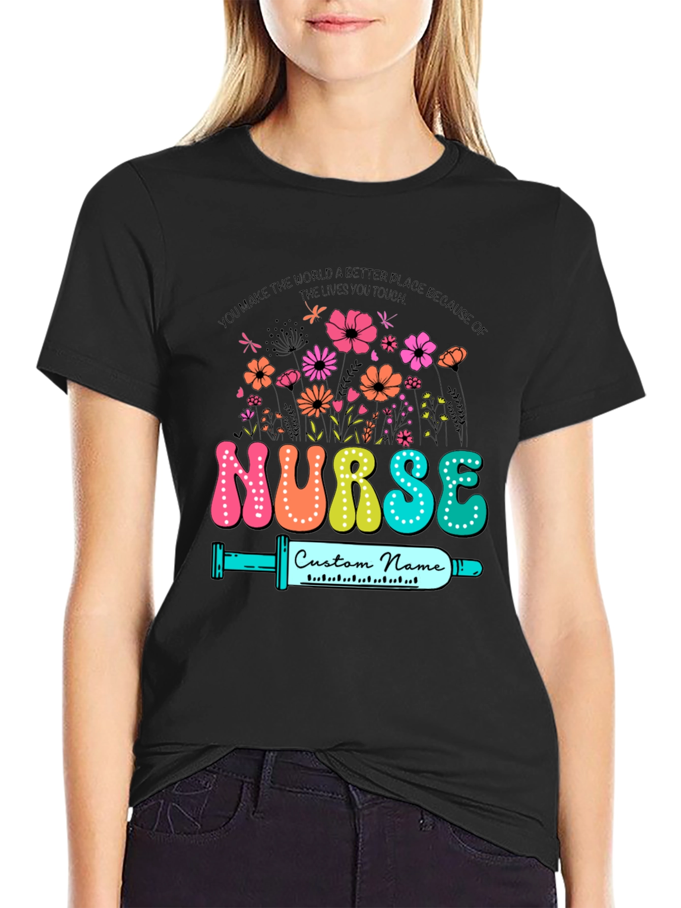 Black Floral Nurse Custom Name T-Shirt view 2