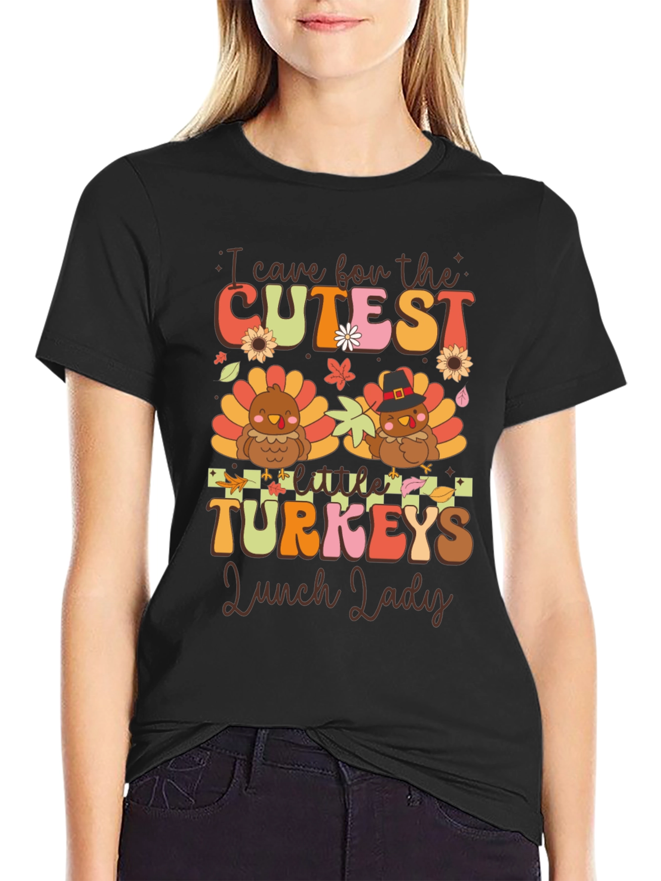 Black Cutest Little Turkeys Lunch Lady T-Shirt view 2