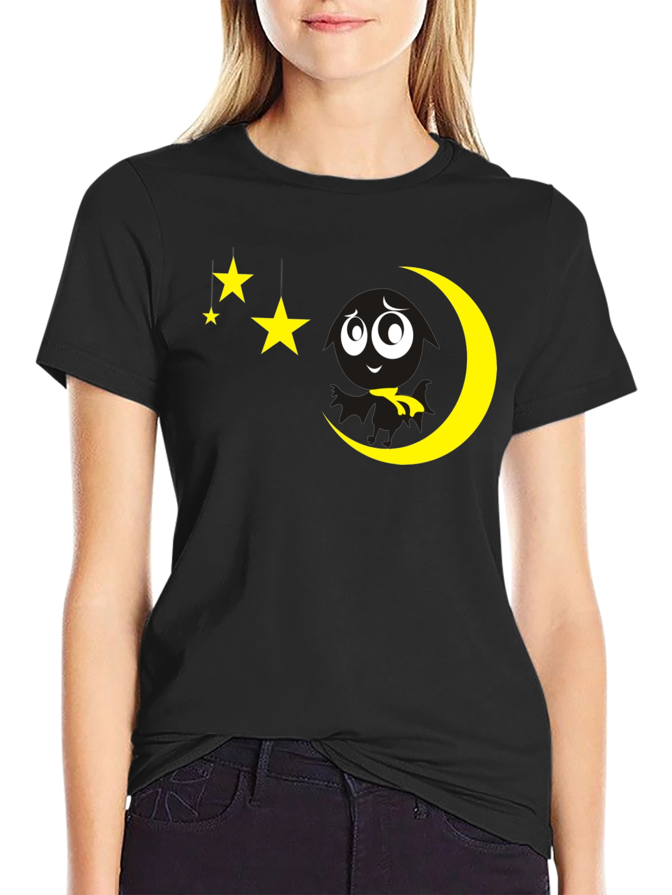 Black Night Sky Tee: Moon & Stars Graphic Black T-Shirt view 2