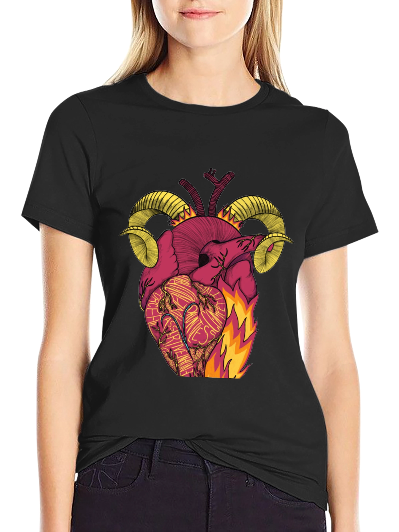 Black Fiery Heart Ram Horn Graphic Tee view 2