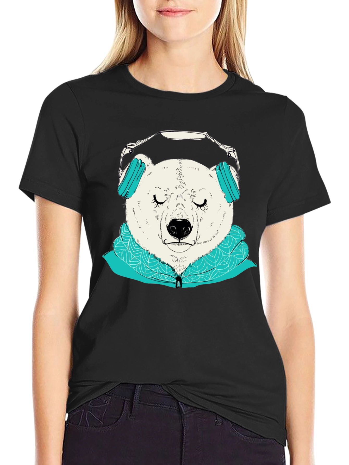 Black Bear with Headphones Graphic Tee view 2