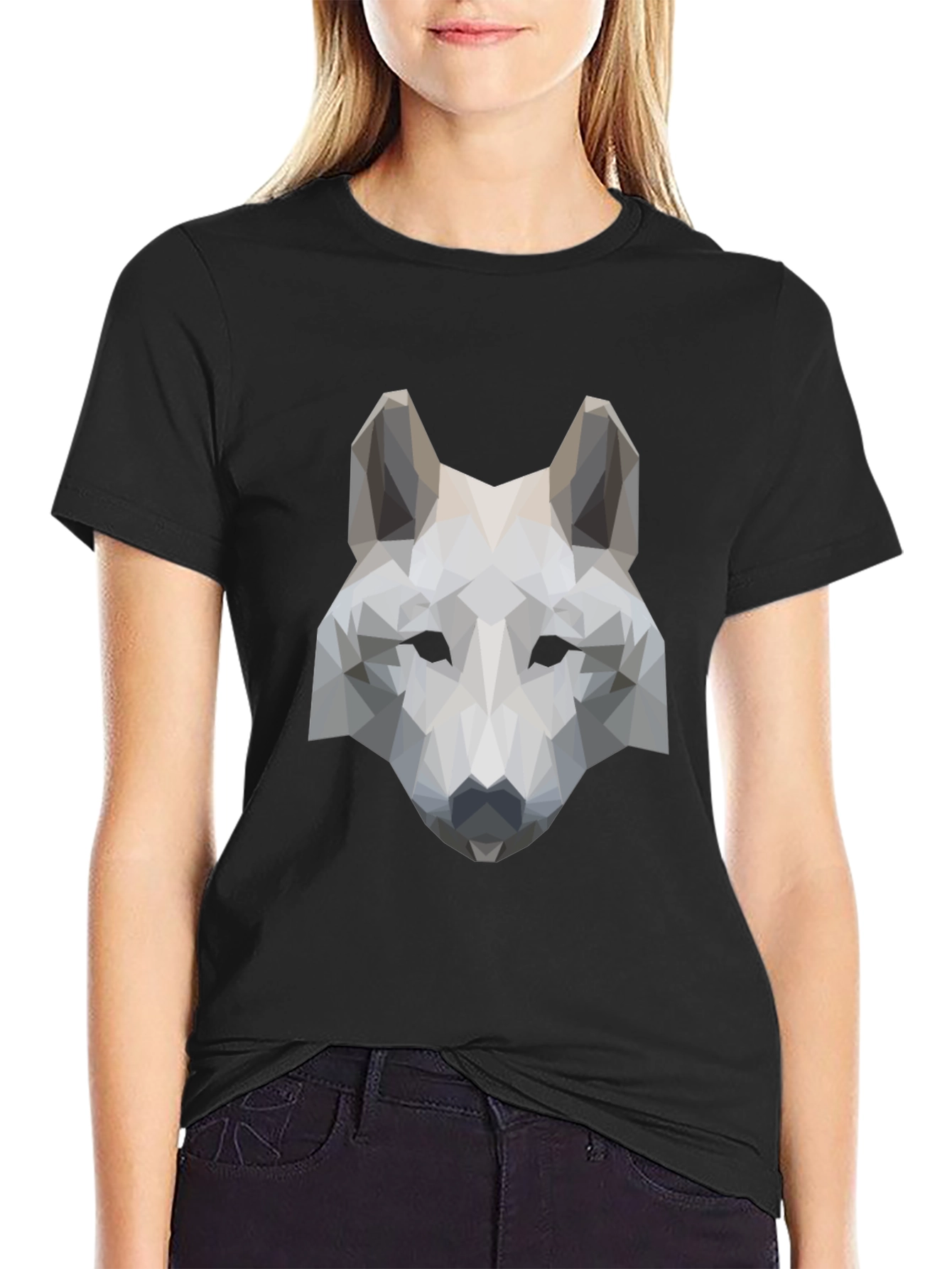 Black Geometric Wolf Head Graphic Tee - Black view 2