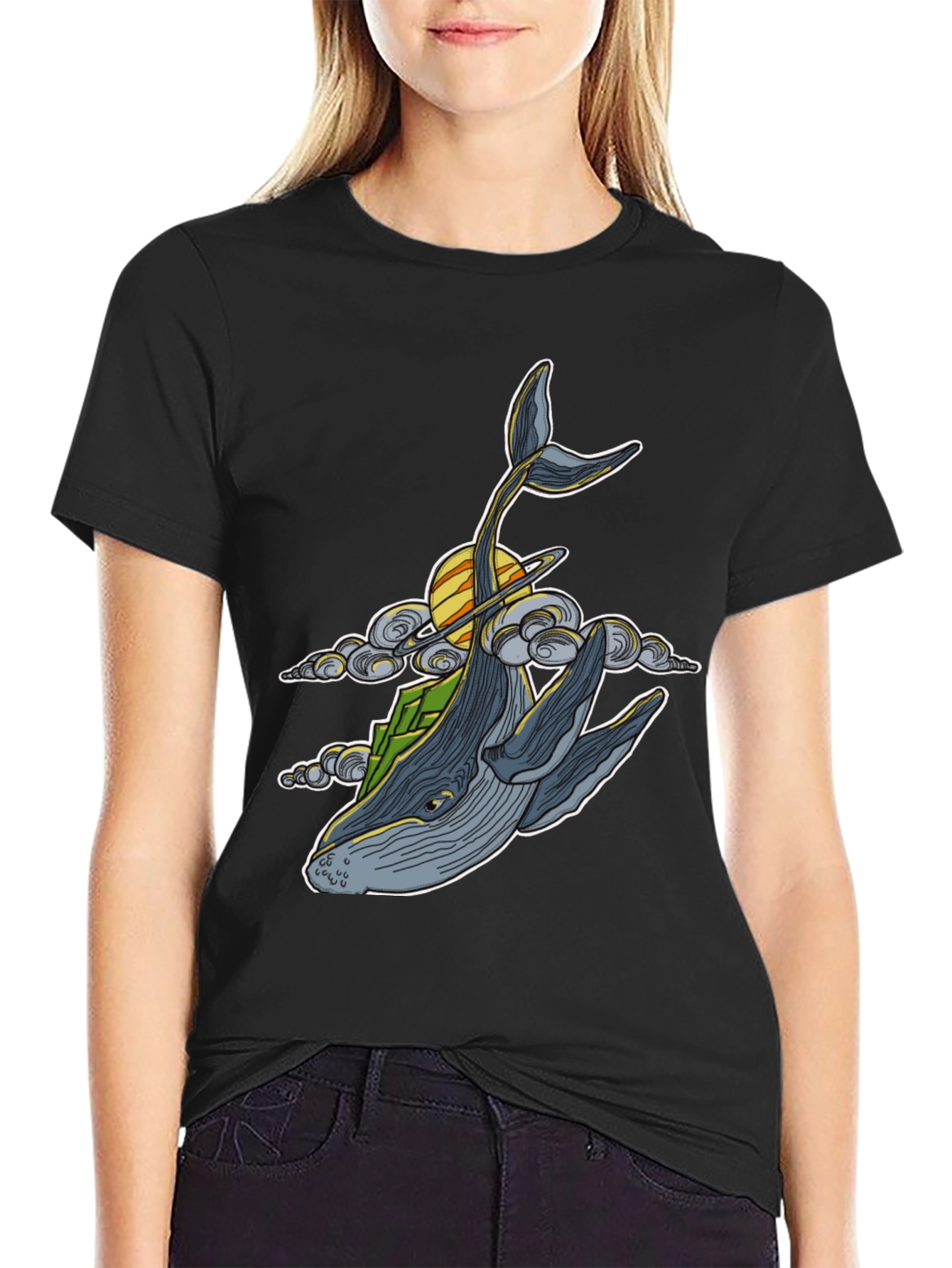 Black Whimsical Whale T-Shirt - Celestial Ocean Design view 2