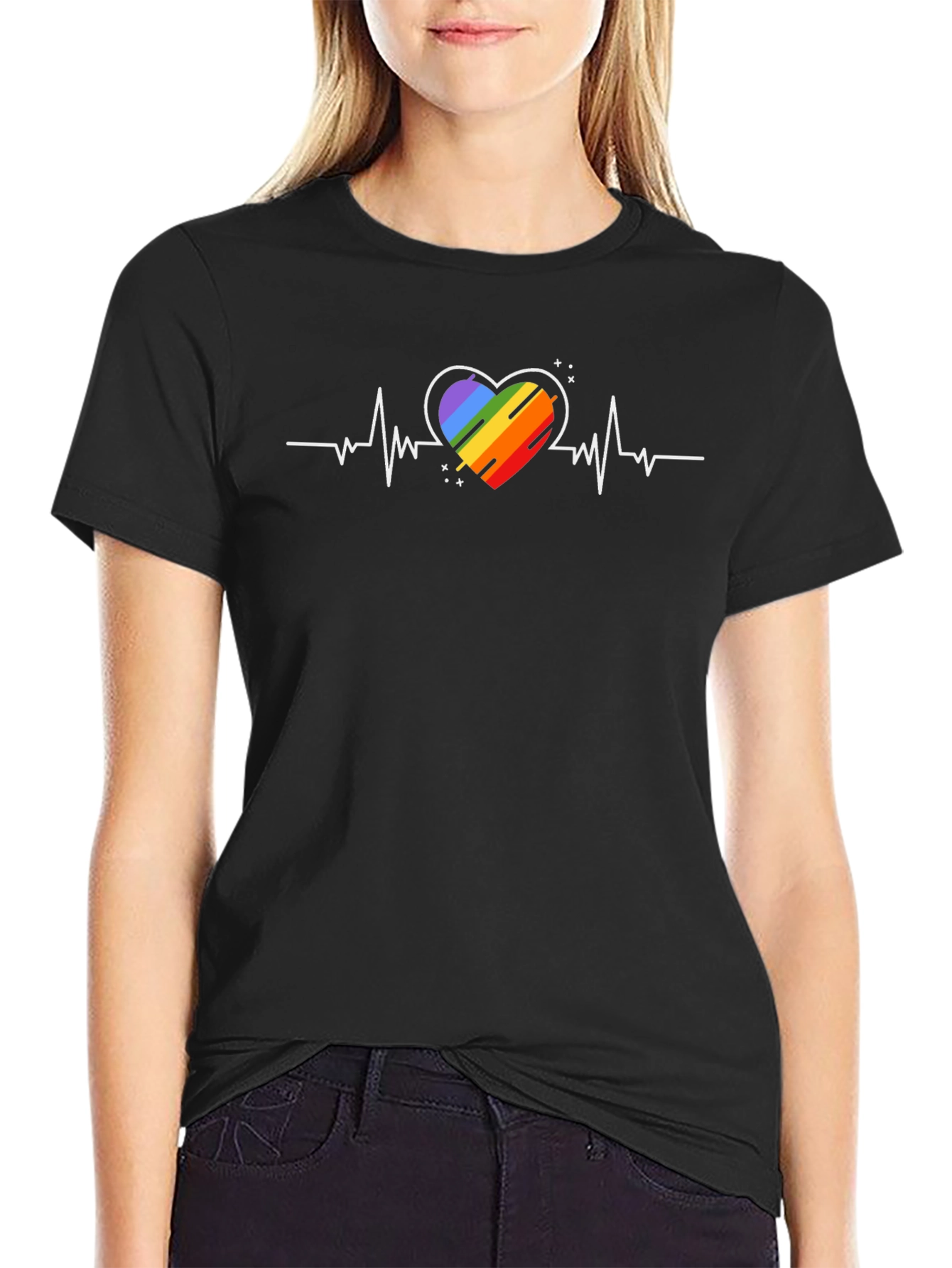 Black Rainbow Heartbeat T-Shirt - Pride Love Tee view 2