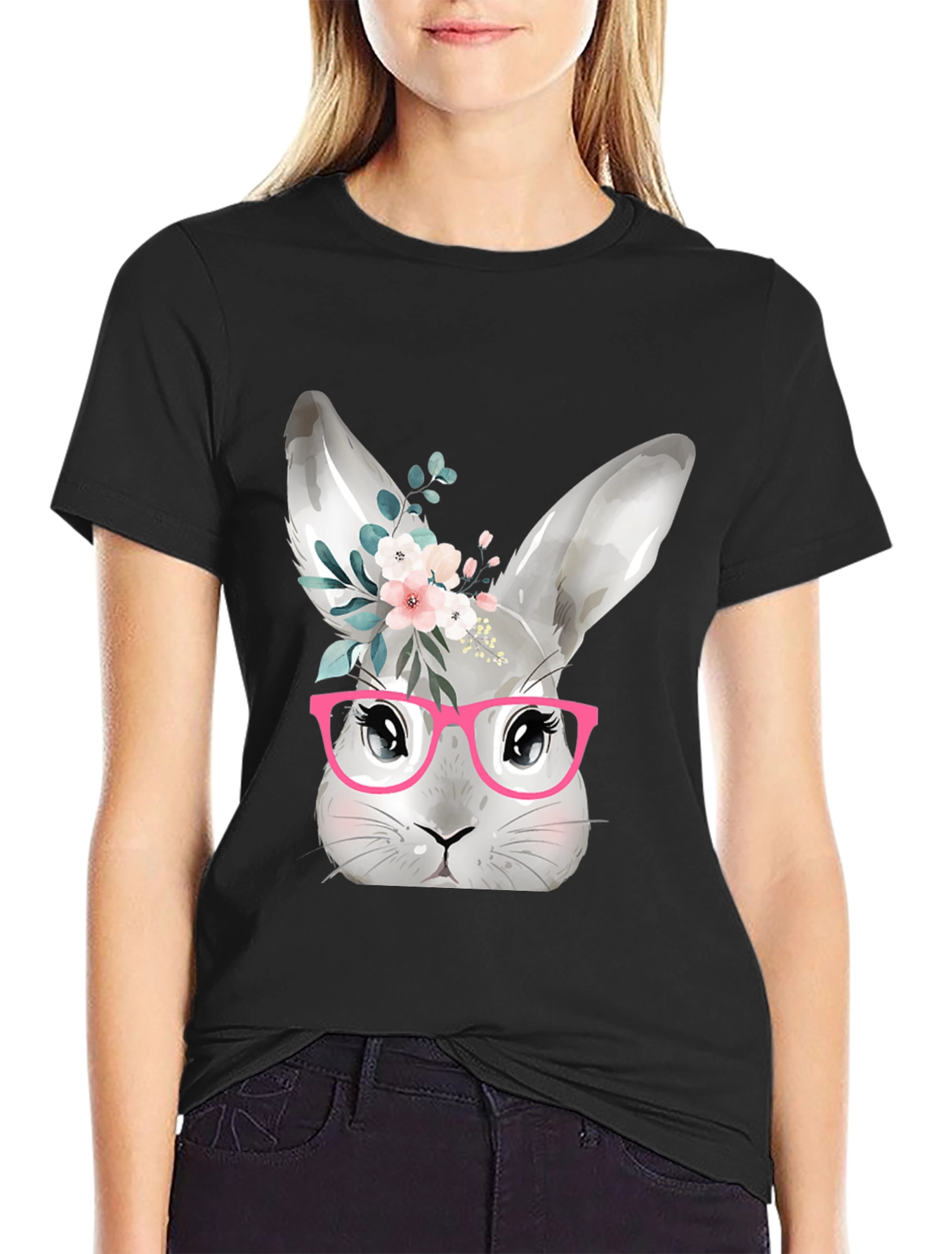 Black Cute Bunny with Glasses T-Shirt - Black view 2