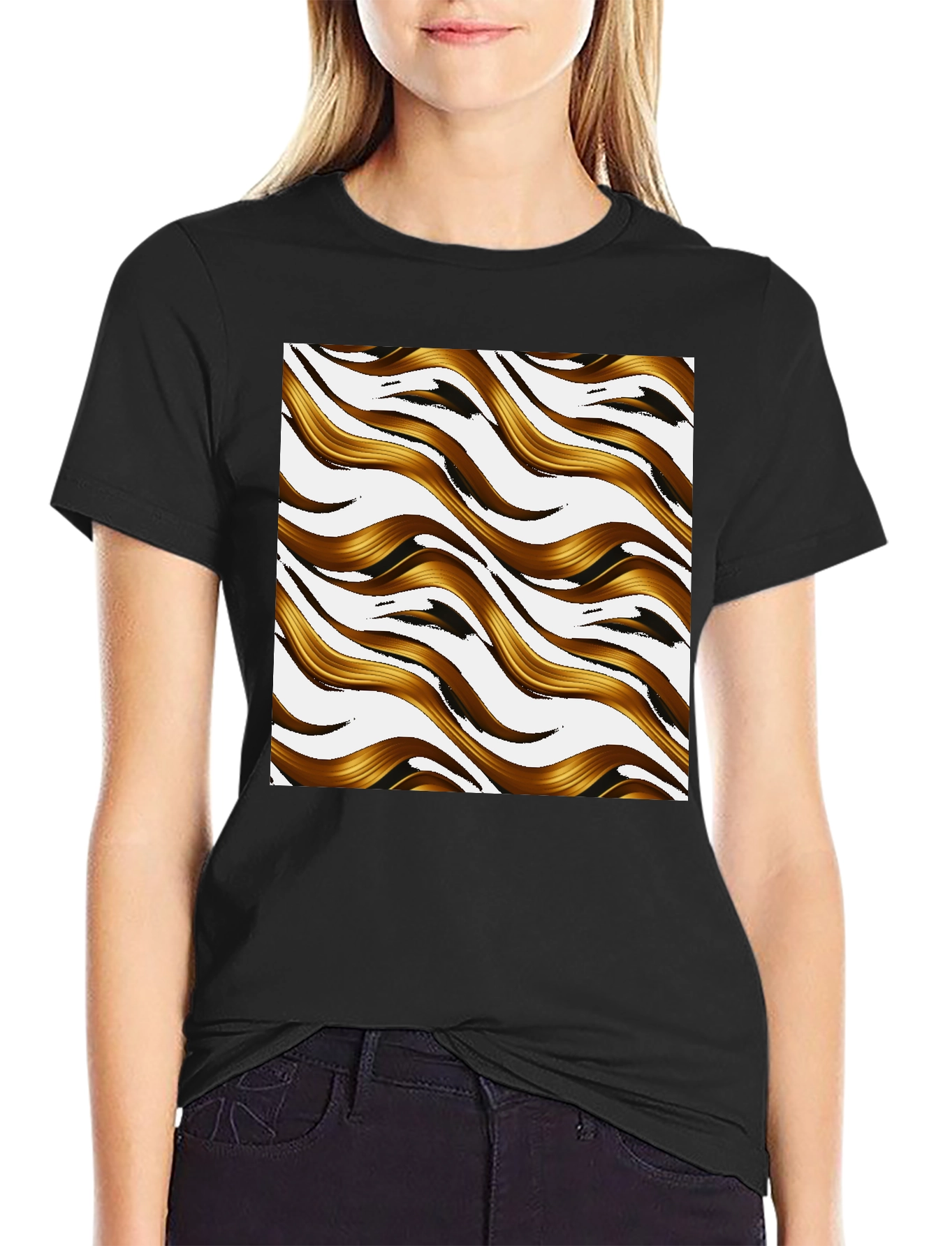 Black Golden Waves Graphic Print Black T-Shirt view 2