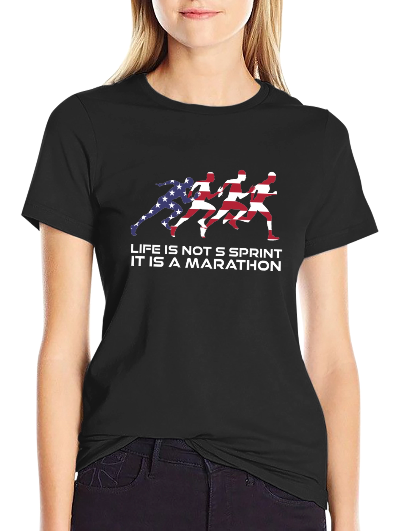 Black Motivational Marathon Runner USA Flag T-Shirt view 2