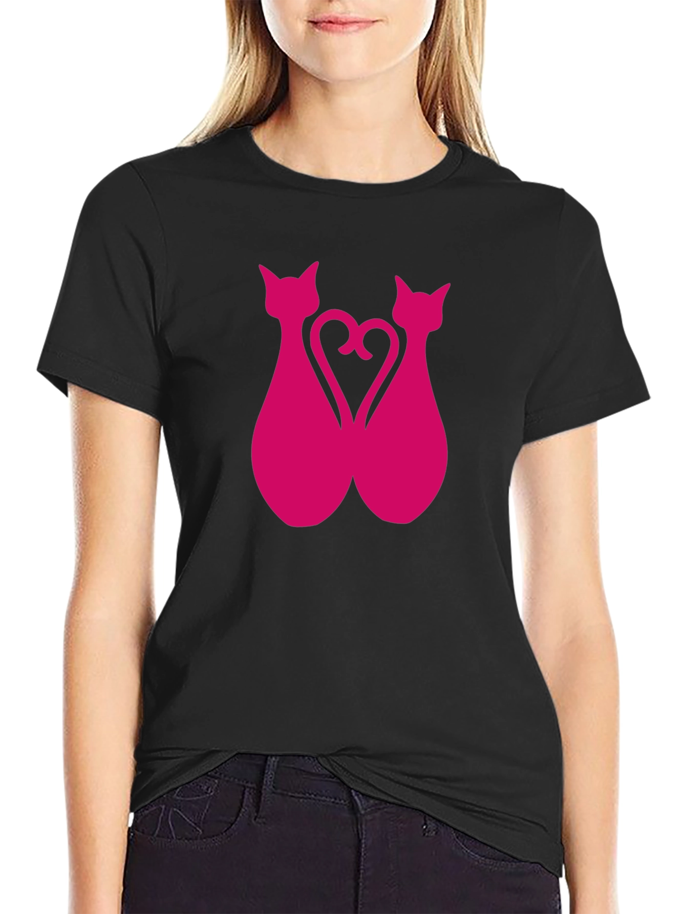 Black Pink Cat Silhouette Heart Graphic Tee view 2