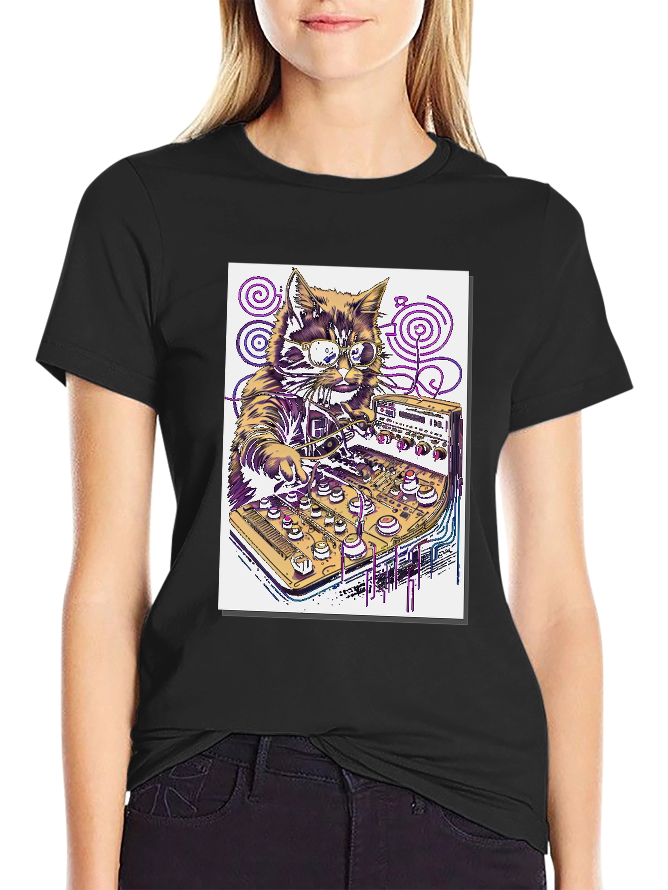 Black DJ Cat T-Shirt - Funny Music Lover Tee view 2