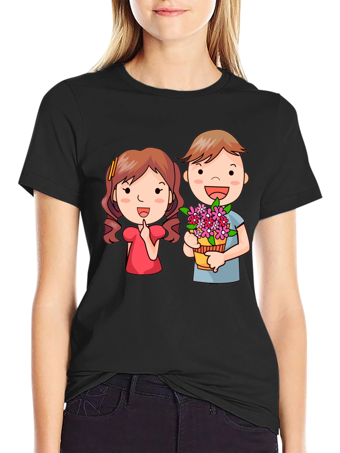 Black Cute Cartoon Couple Graphic T-Shirt view 2