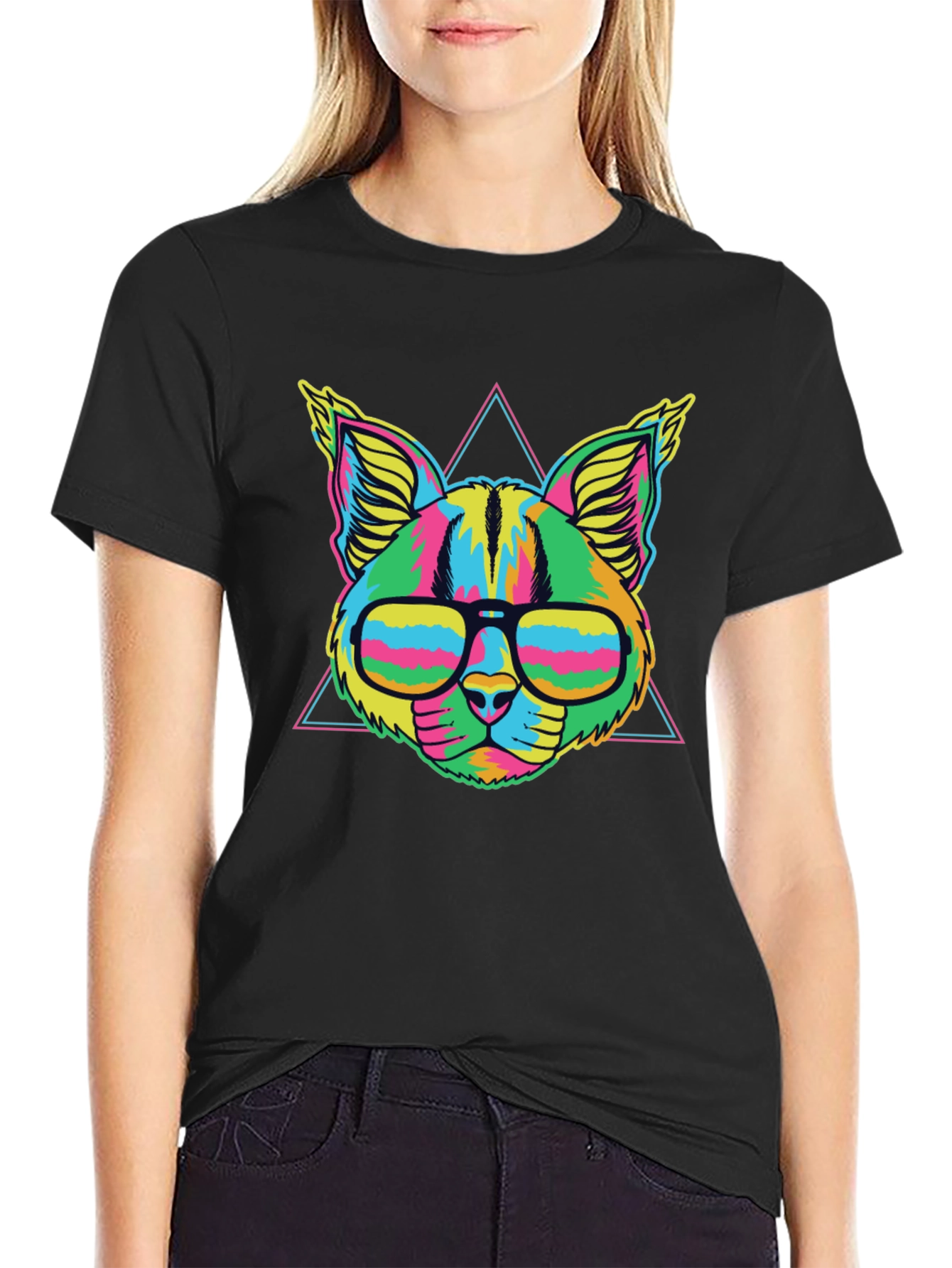Black Vibrant Neon Cat T-Shirt with Glasses view 2