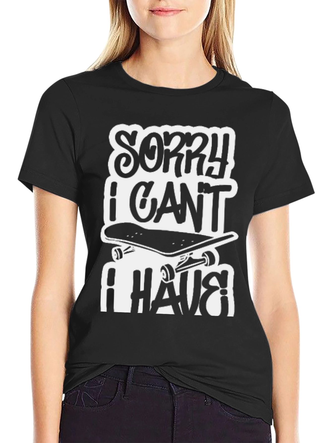 Black Sorry I Can't I Have Skateboarding Black T-Shirt view 2