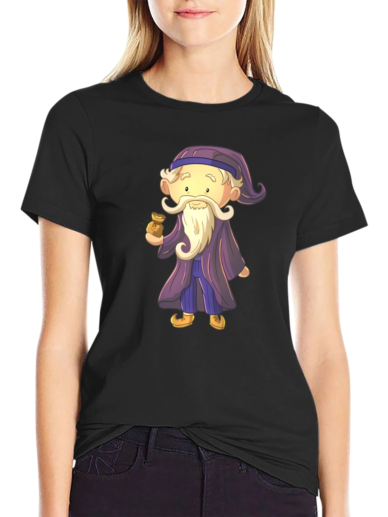 Black Cartoon Wizard Graphic Tee - Black Cotton T-Shirt view 2