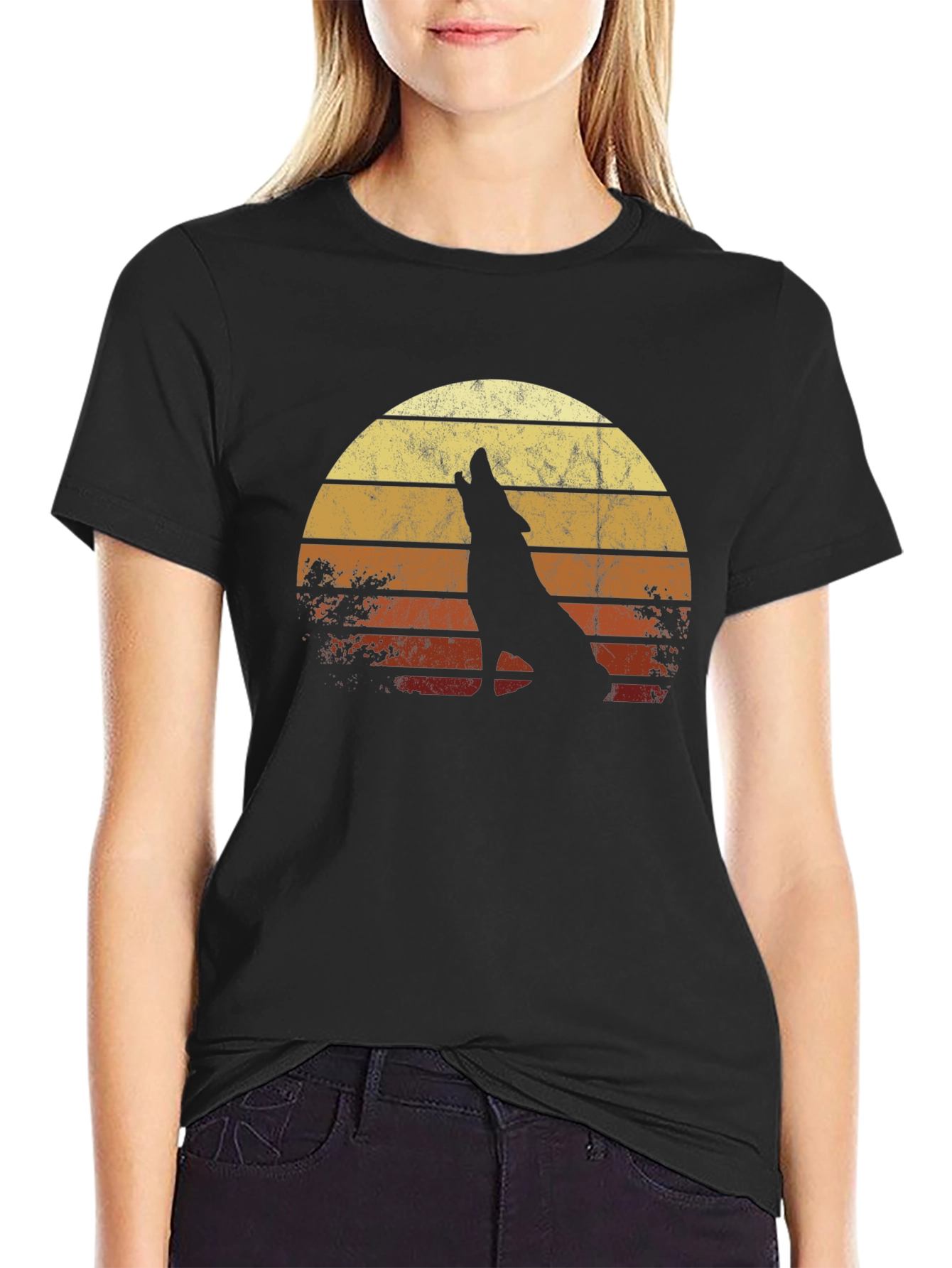 Black Retro Wolf Sunset Graphic Tee - Black view 2