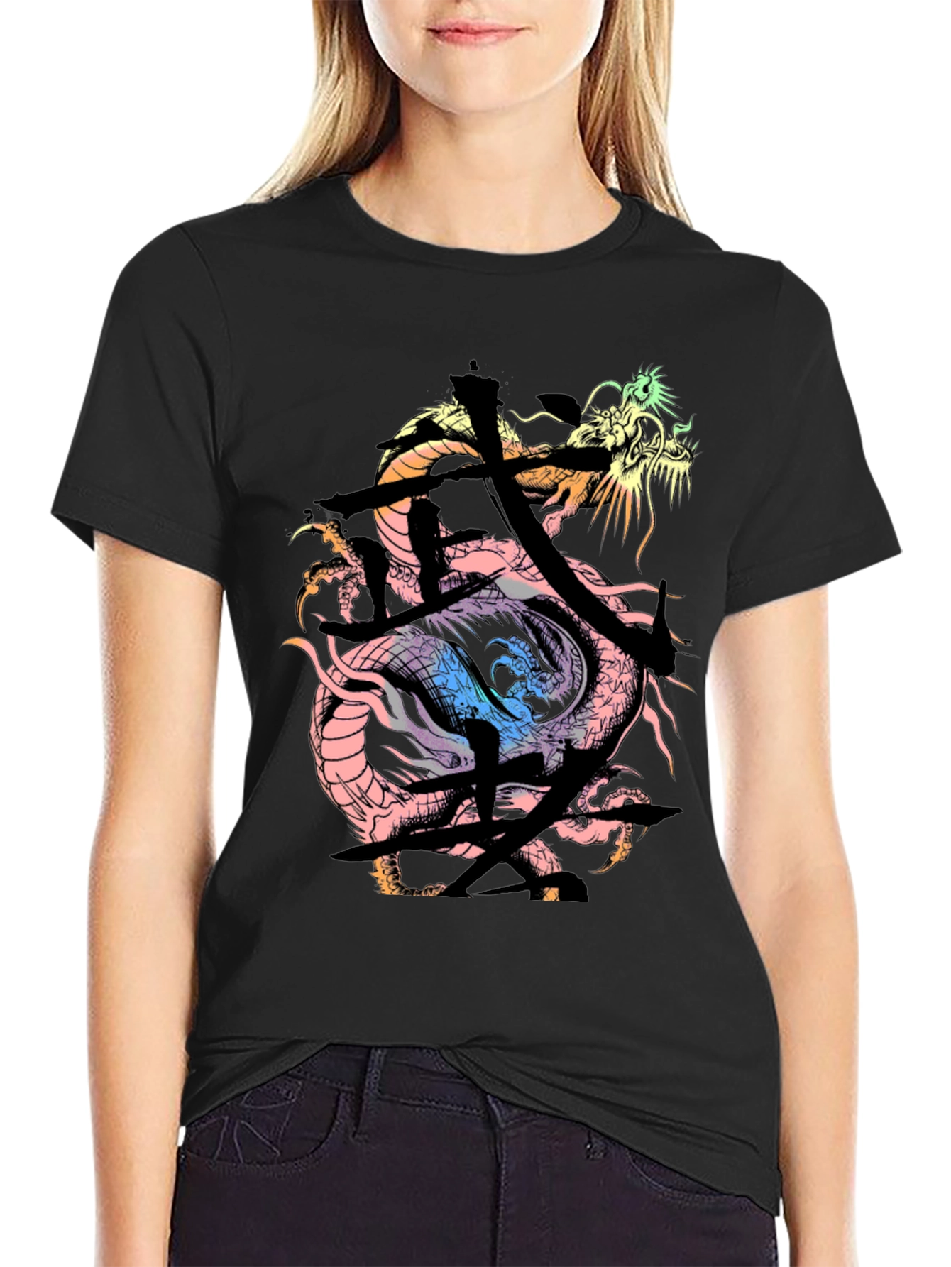 Black Dragon Kanji Graphic Print Black T-Shirt view 2