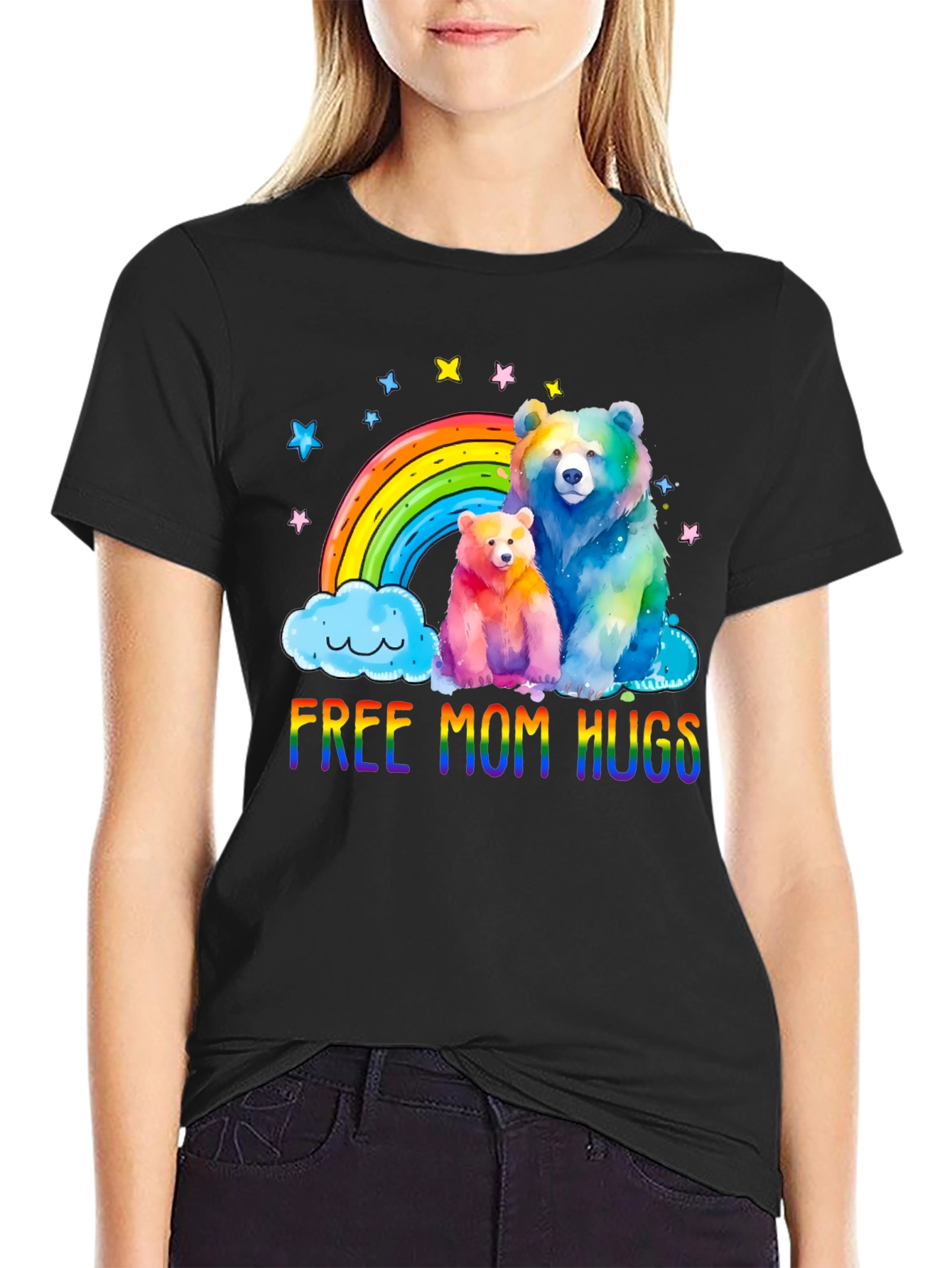 Black Rainbow Bears Mom Hugs T-Shirt view 2