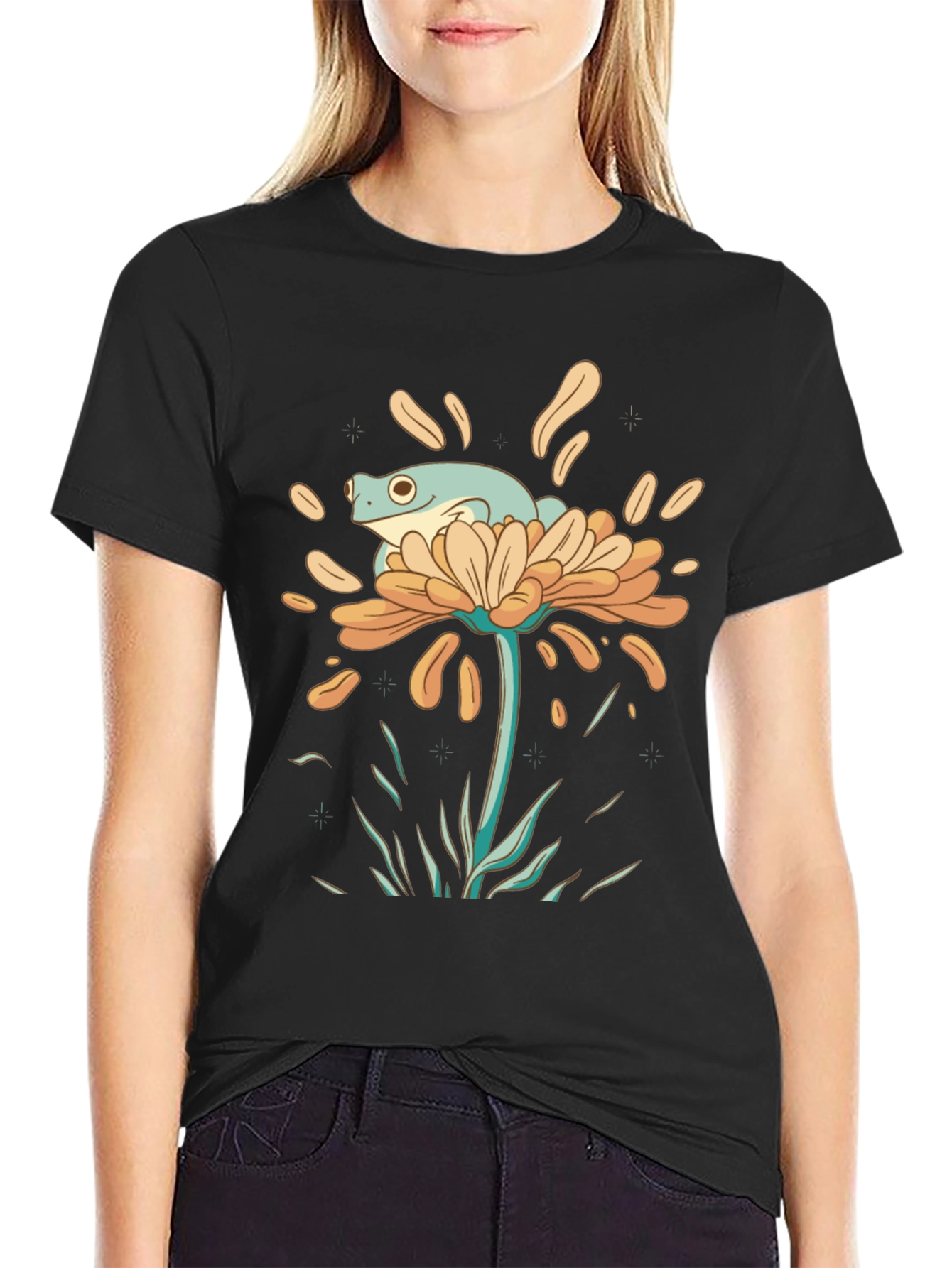Black Frog on Flower Graphic Tee - Black Cotton T-Shirt view 2