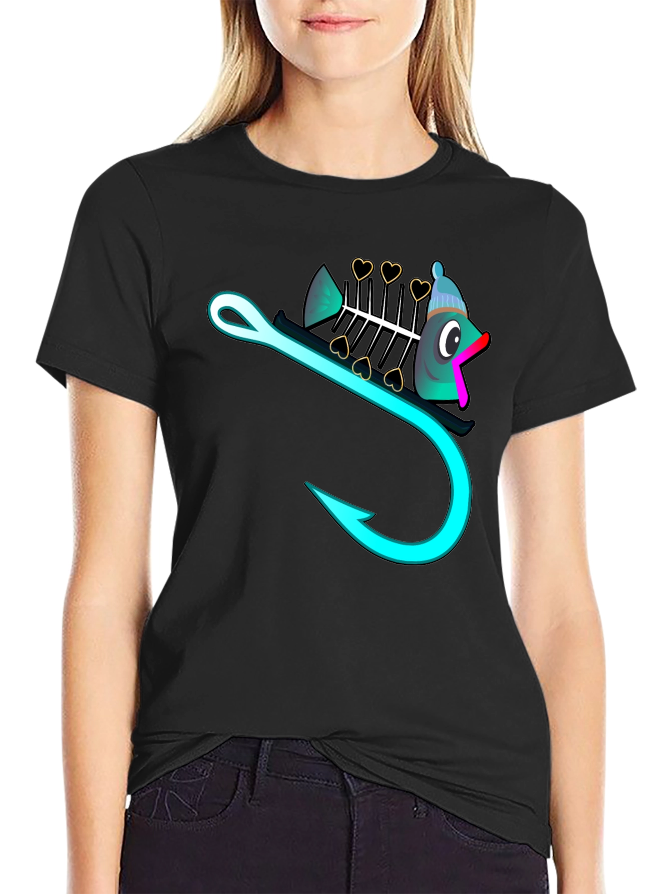 Black Funny Fishbone Hook Graphic T-Shirt view 2