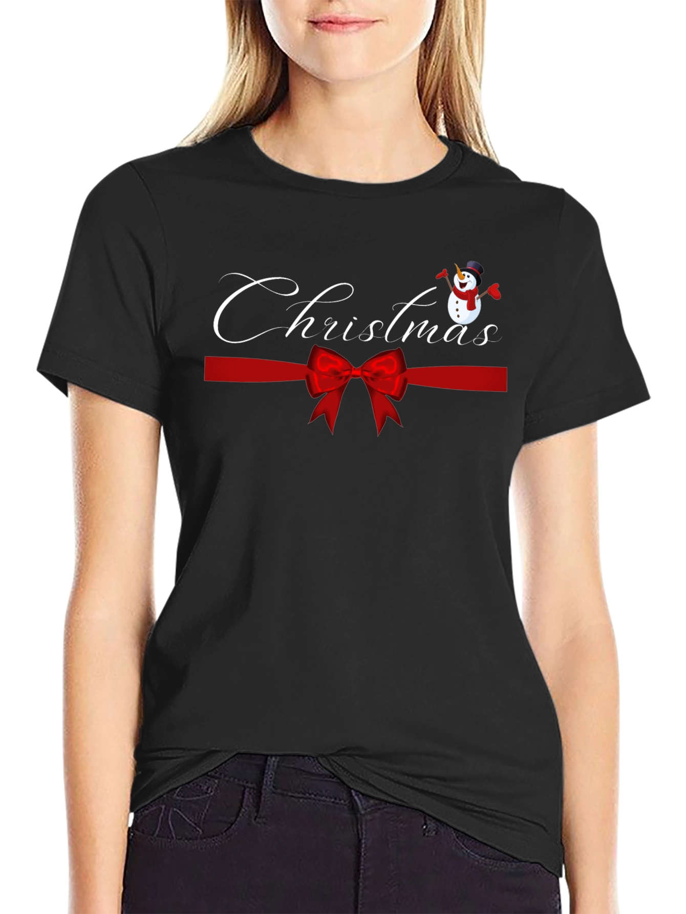 Black Festive Christmas Snowman Ribbon Graphic Tee view 2
