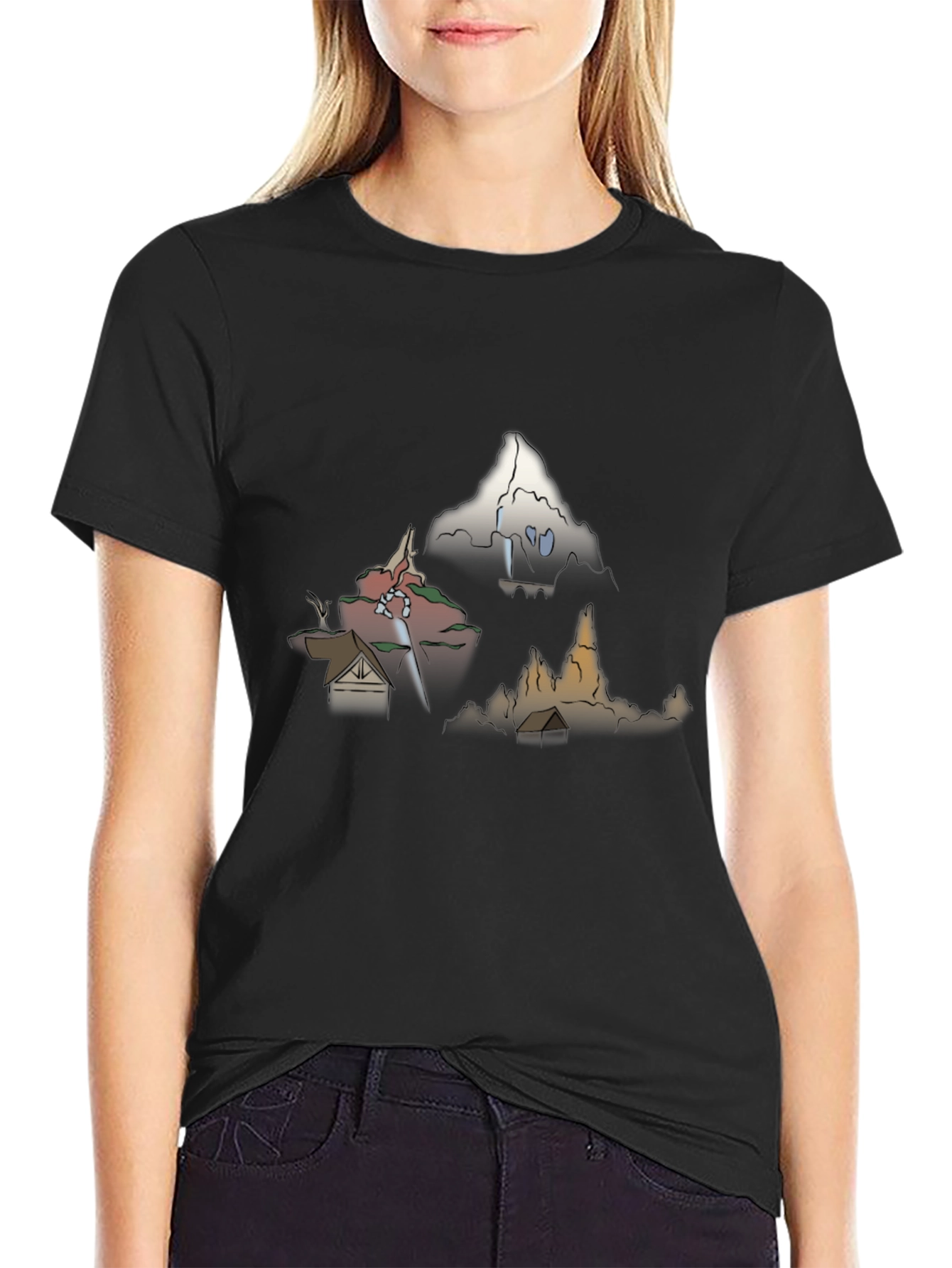 Black Men's Graphic Tee - Cartoon Landscape Print view 2