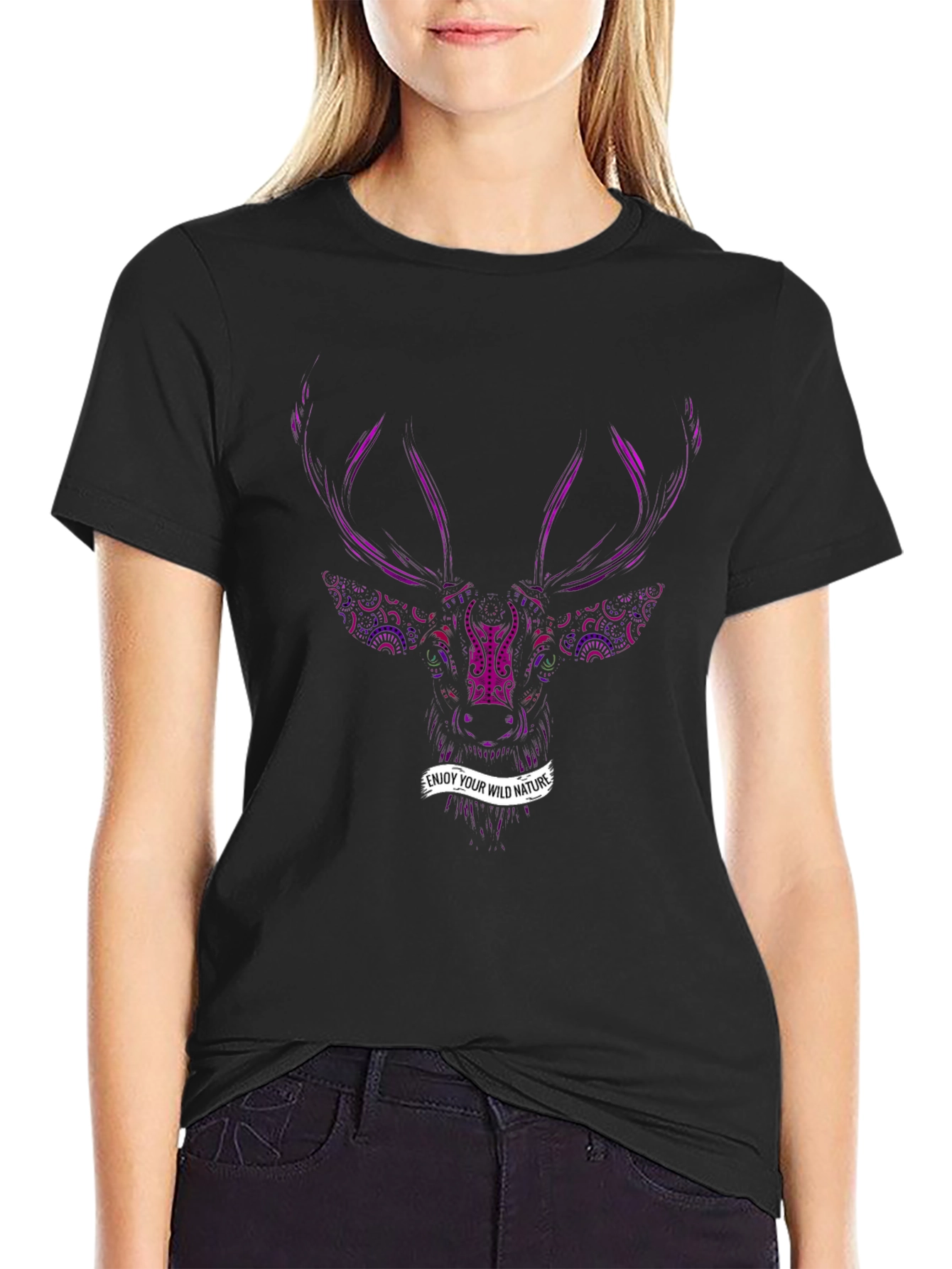 Black Nature Lover Black T-Shirt with Deer Print view 2