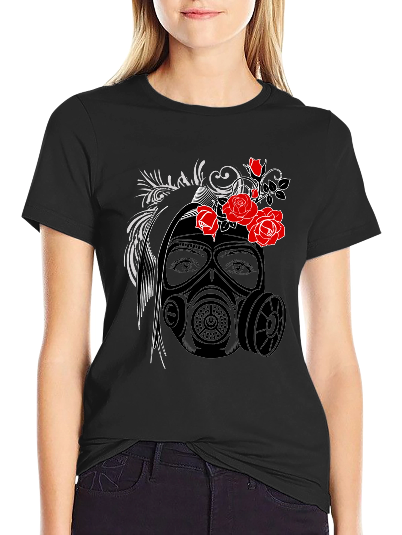 Black Gas Mask Rose Graphic T-Shirt view 2