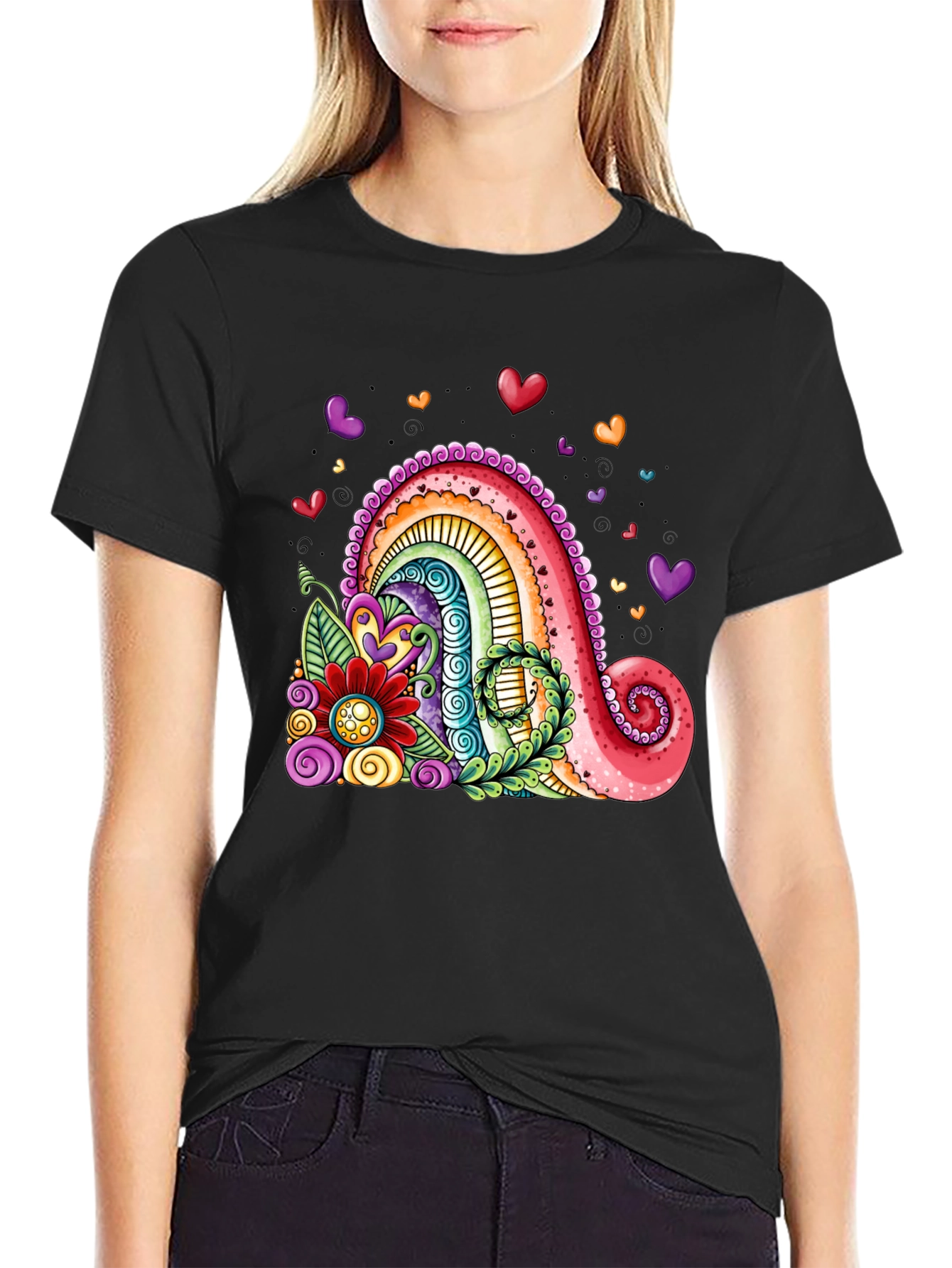 Black Colorful Rainbow Hearts Graphic Tee view 2