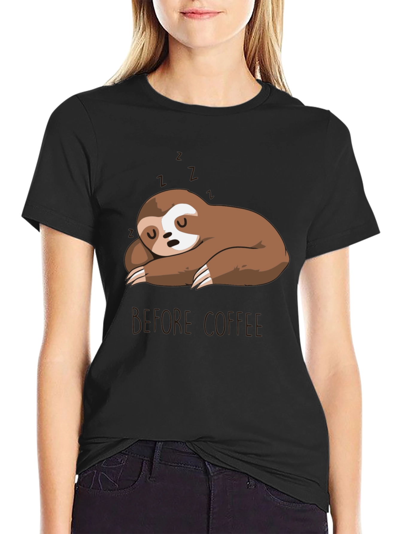 Black Sleeping Sloth Before Coffee T-Shirt view 2