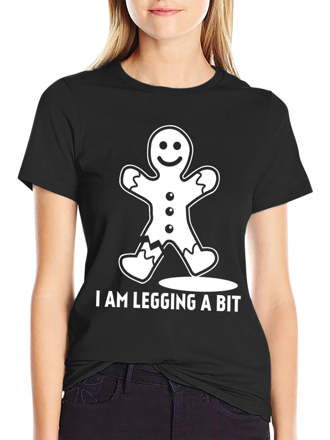 Black Funny Gingerbread Man "I Am Legging A Bit" T-Shirt view 2