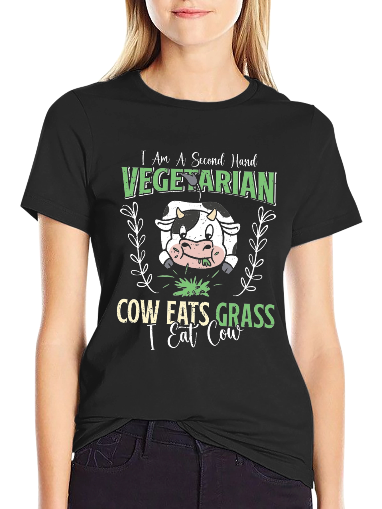 Black Second Hand Vegetarian Funny Cow Graphic T-Shirt view 2