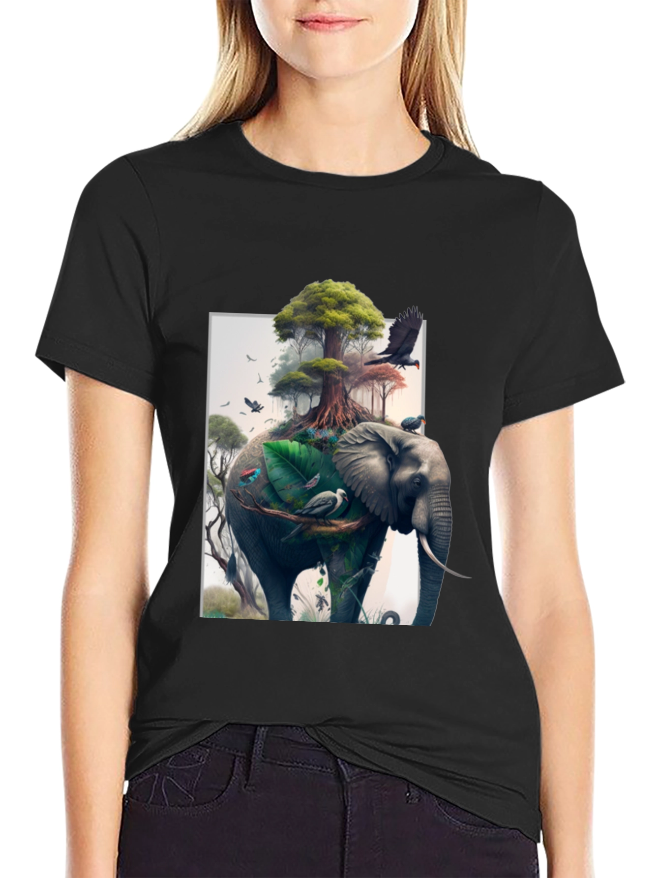Black Nature Elephant Print Black T-Shirt view 2