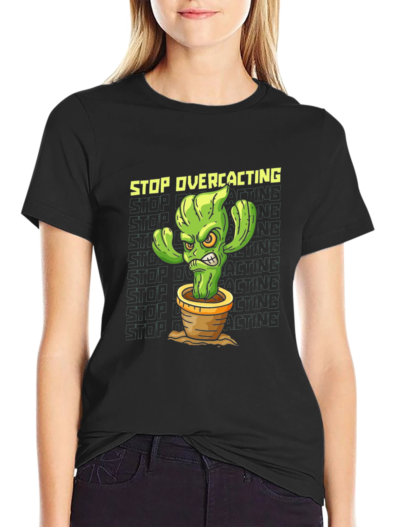 Black Stop Overcacting T-Shirt - Funny Cactus Graphic Tee view 2