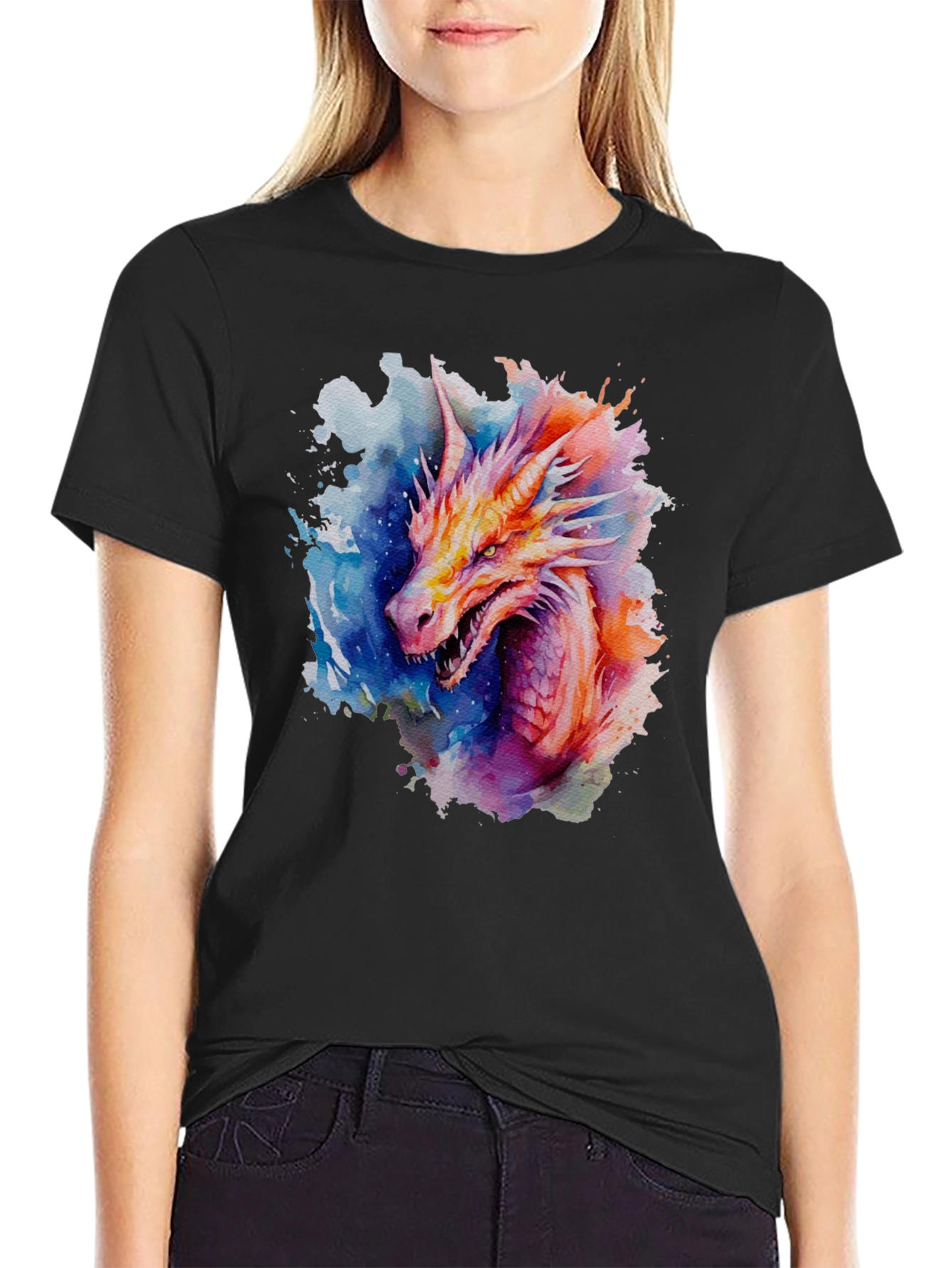 Black Watercolor Dragon Graphic Black T-Shirt view 2
