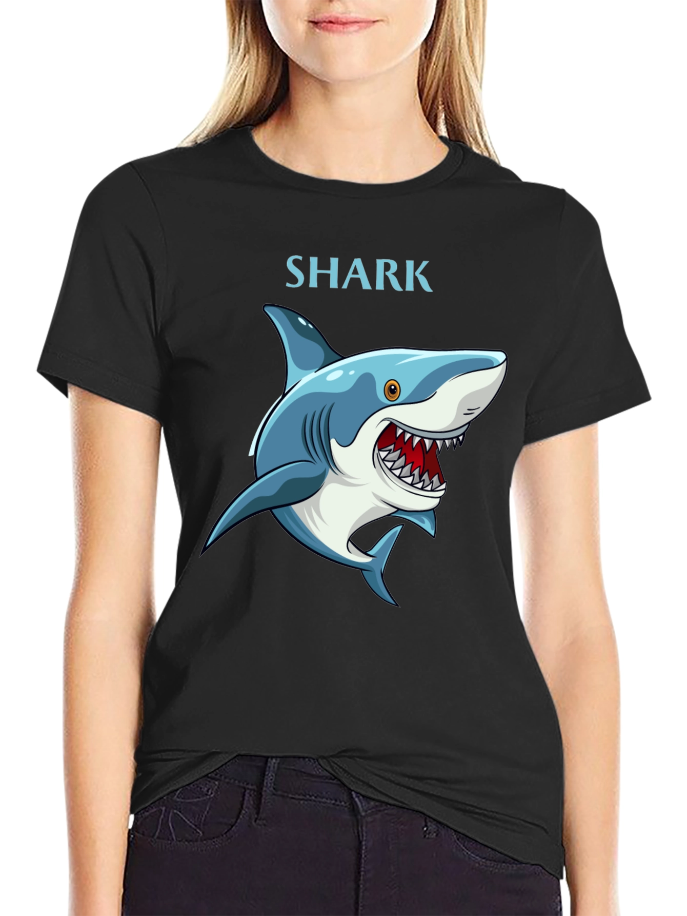 Cartoon Shark Graphic T-Shirt - Black Cotton Tee - 2